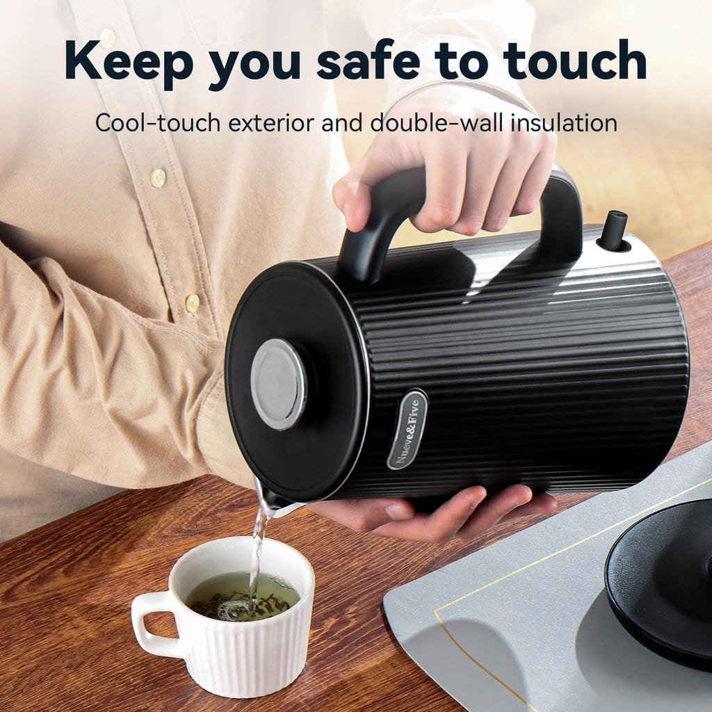 Nueve&Five 1.7L (57oz) Large Electric Kettle Perfect for 7+Cups of Tea and Coffee,2 quarts Double Wall Big Electric Tea Kettle,Auto Shut Off,1200W Hot Water Kettle Electric-Black