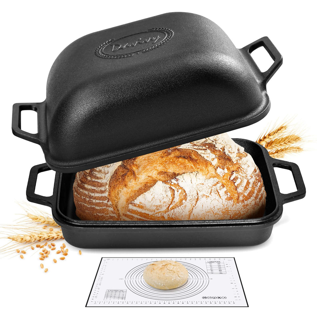 Davivy 9QT Large Dutch Oven for Sourdough Bread with Silicone Baking Mat, 12.3" x 9.2", Non-stick Cast Iron Sourdough Loaf Pan, Cast Iron Sourdough Baking Pan Large Capacity, Matte Black