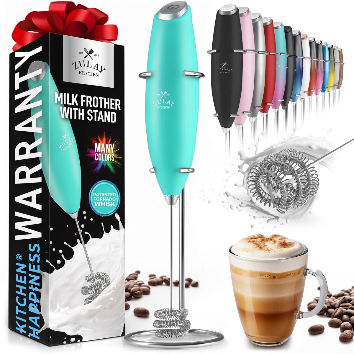 Zulay Powerful Milk Frother for Coffee with Upgraded Titanium Motor - Handheld Electric Whisk, Milk Foamer, Mini Mixer & Coffee Blender for Frappe, Latte, Matcha, No Stand - Pristine Teal