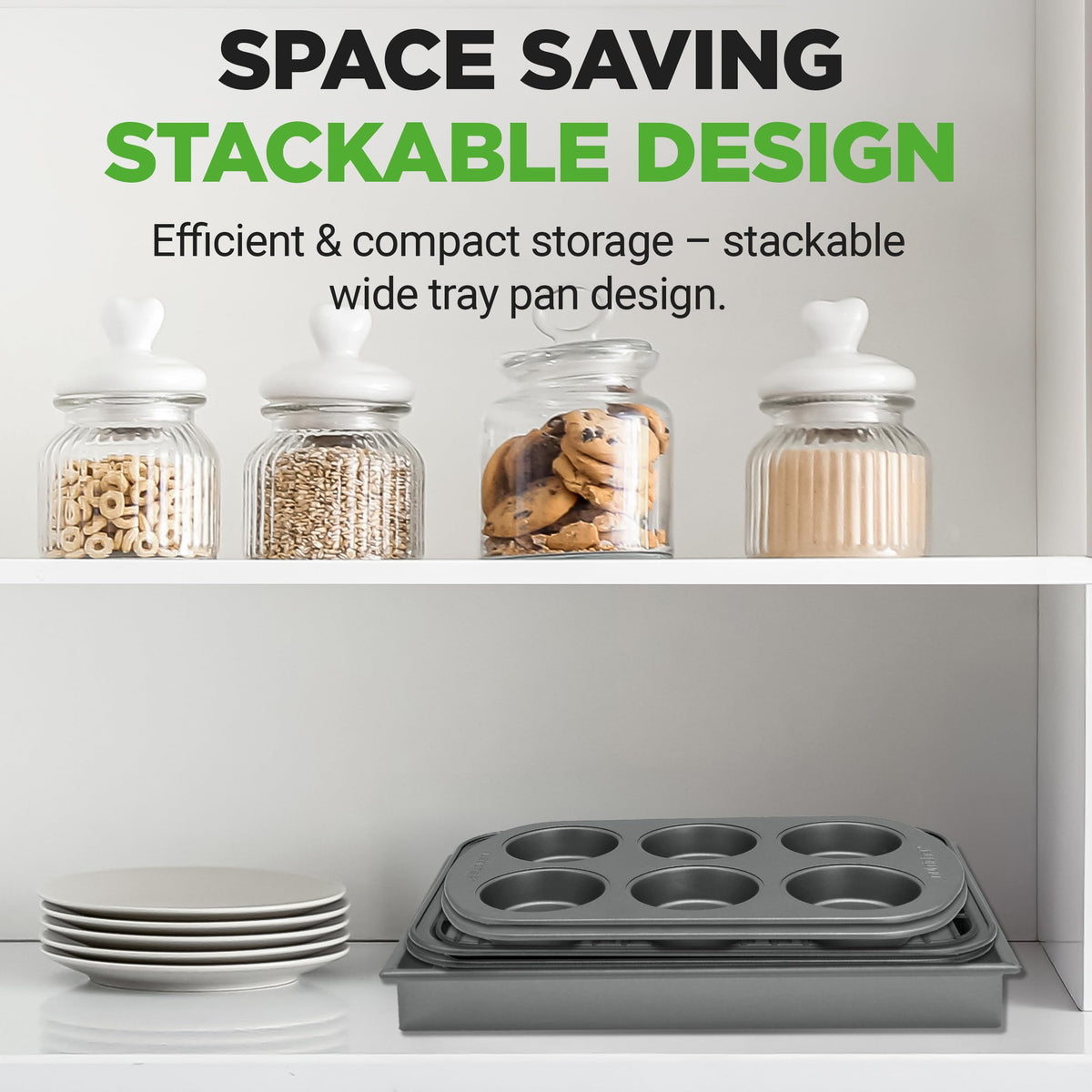 NutriChef 6-Piece Toaster Oven Bakeware Set, Compact Non-Stick Stackable Baking Pan Set with Muffin Pans, Roasting Tray & Baking Sheets, Durable Stain-Resistant Carbon Steel Design for Toaster Ovens