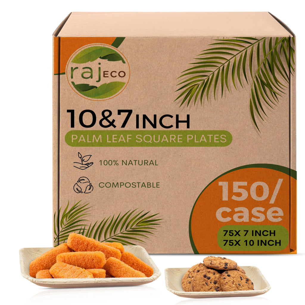 Raj Palm Leaf 10" & 7" Square Plates, 150 Count (3 cases) Bulk Pack