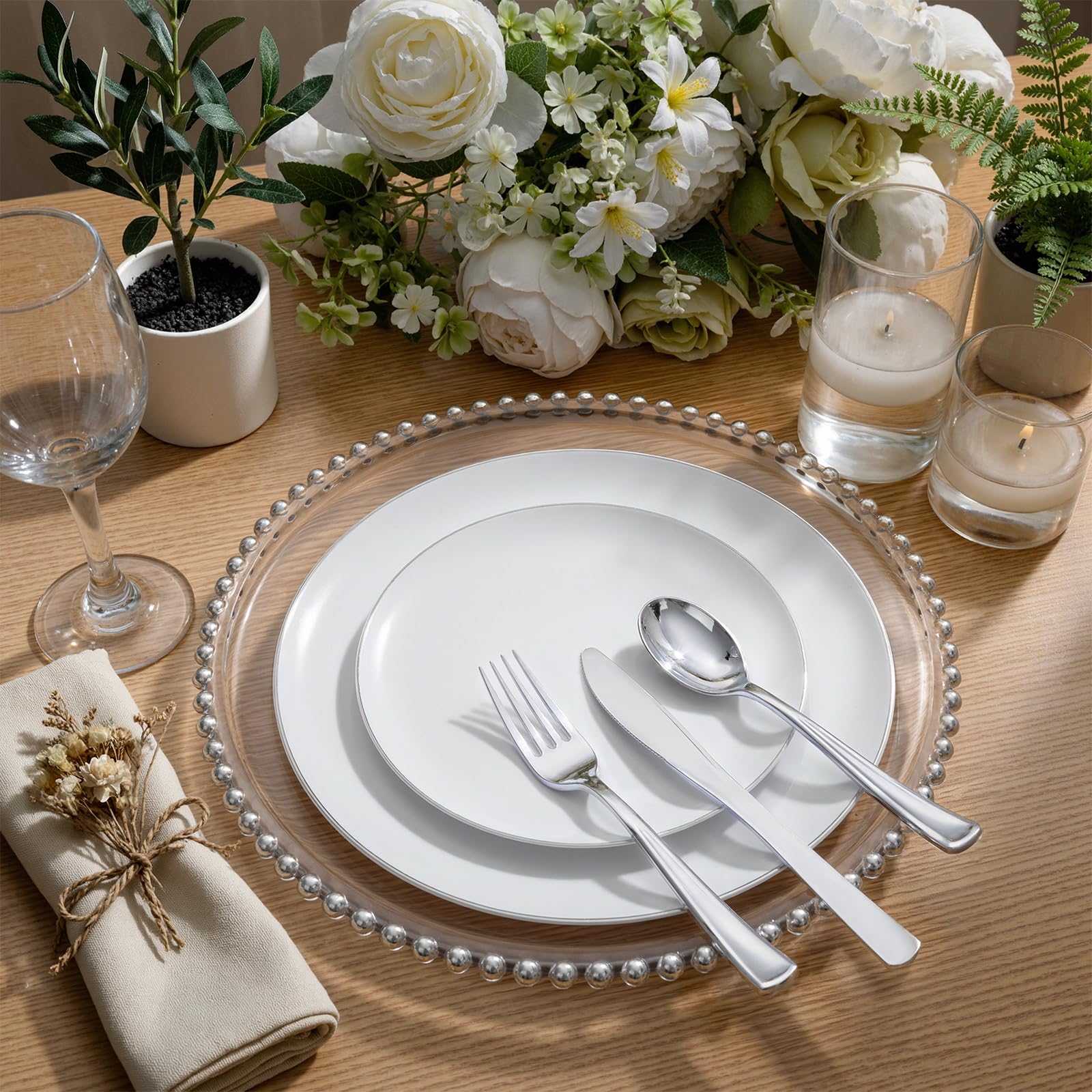 KIRE 200PCS Silver Plastic Plates - White Plastic Plates with Silver Rim Include 100 Dinner Plate and 100 for Dessert/Salad Plate for Birthday/Wedding/Party