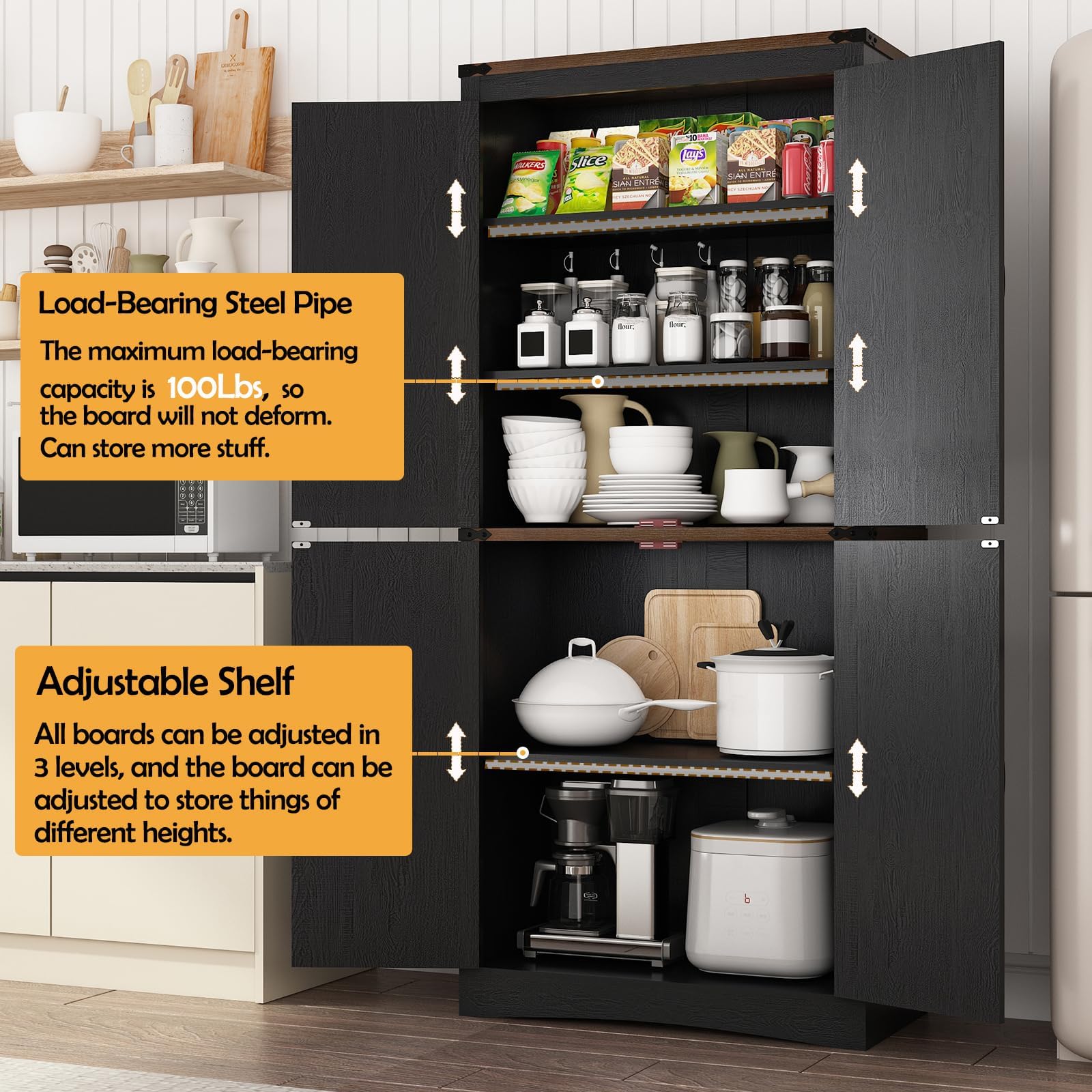 71in Farmhouse Kitchen Pantry Cabinet,Tall Storage Cabinet with 4 Doors and Adjustable shelves,with Load-Bearing Steel Pipe,Wood Storage Cabinets for Kitchen,Dining Room,Bathroom(Black)