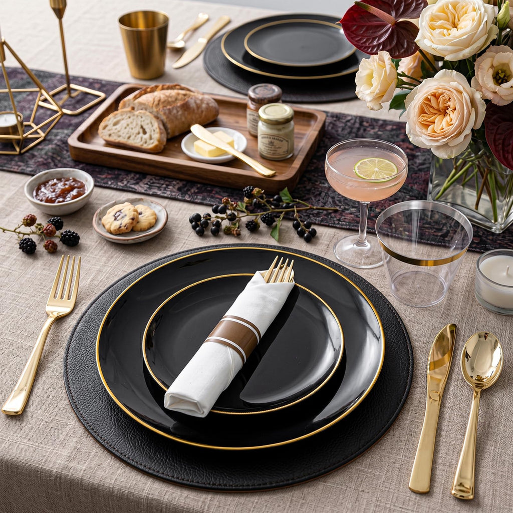 KIRE 200Pcs Black Plastic Plates - Black and Gold Plates Disposable for Party - Include 100 for Dinner and 100 for Dessert for Birthday/Wedding/Halloween