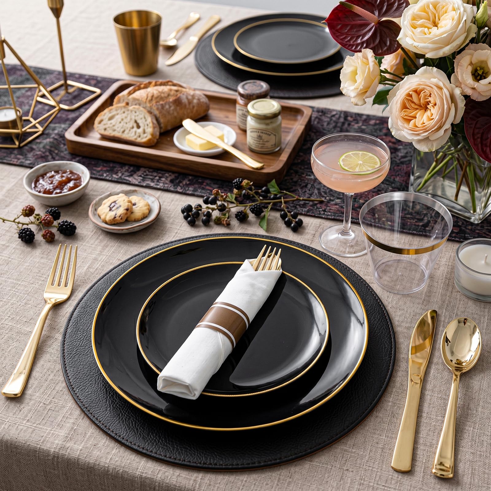KIRE 200Pcs Black Plastic Plates - Black and Gold Plates Disposable for Party - Include 100 for Dinner and 100 for Dessert for Birthday/Wedding/Halloween