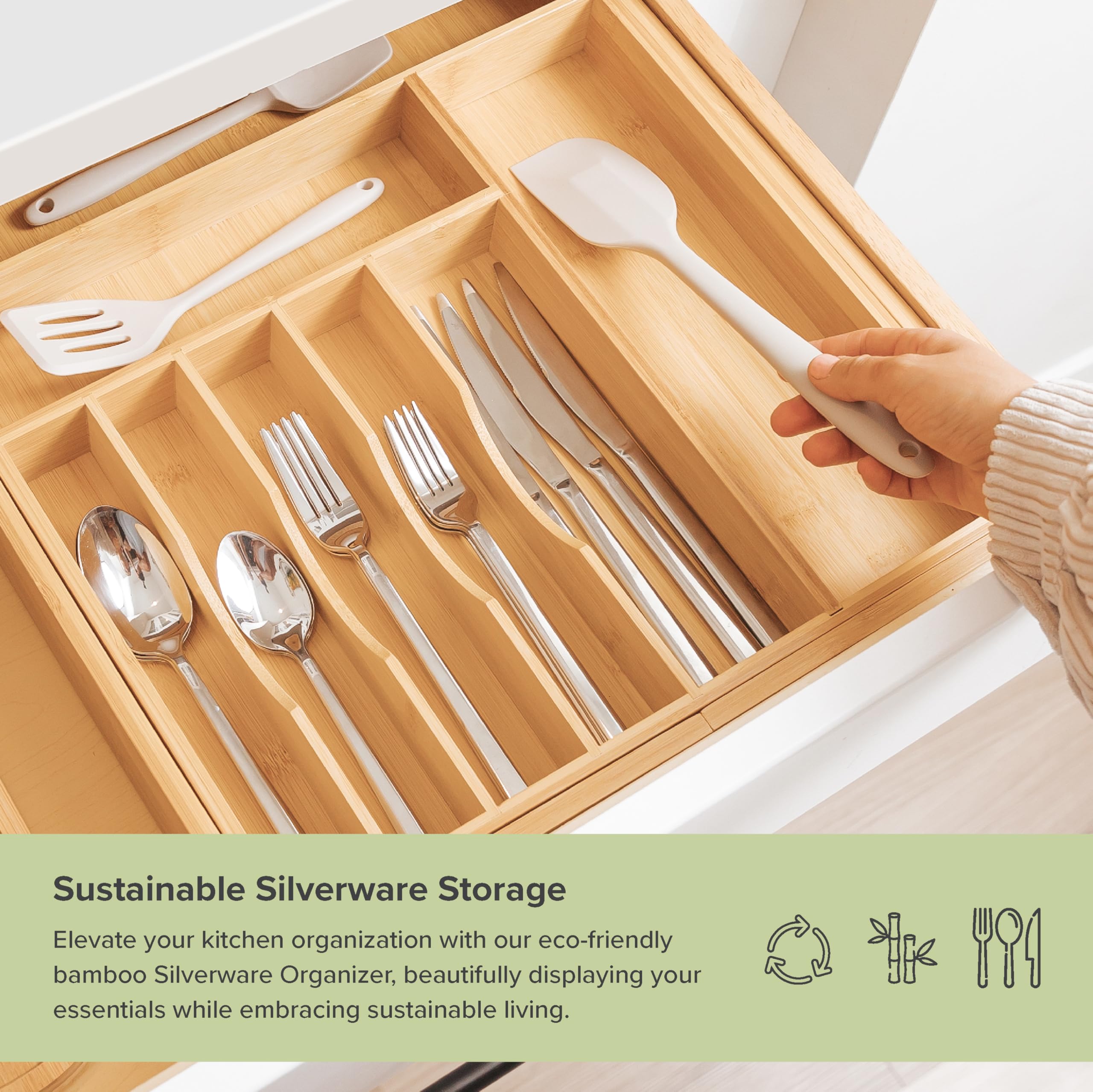 KitchenEdge Silverware & Utensil Drawer Organizer, 16-28 in, Bamboo