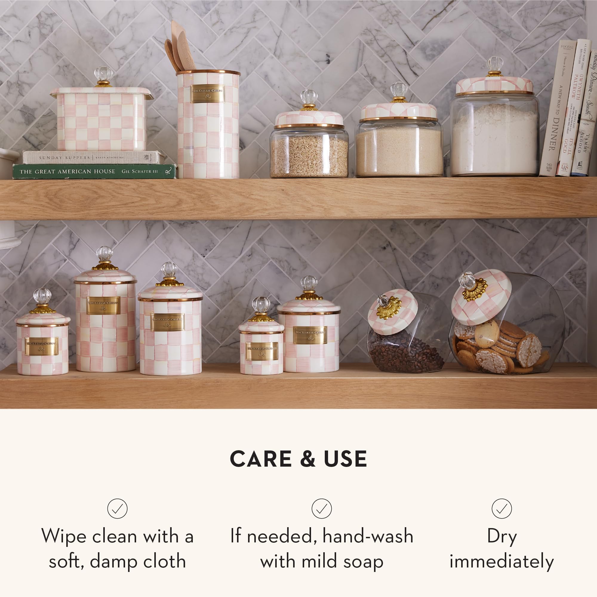 MACKENZIE-CHILDS Enamel Canister, Demi, Pink-and-White Rosy Check