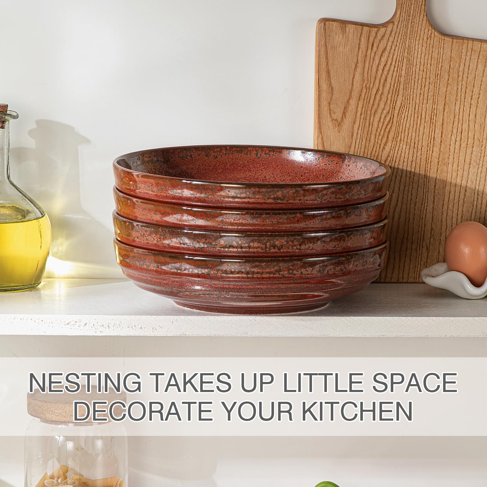 HAPPY KIT Stoneware 9'' Pasta Bowls 42oz Set of 4, Rust Red