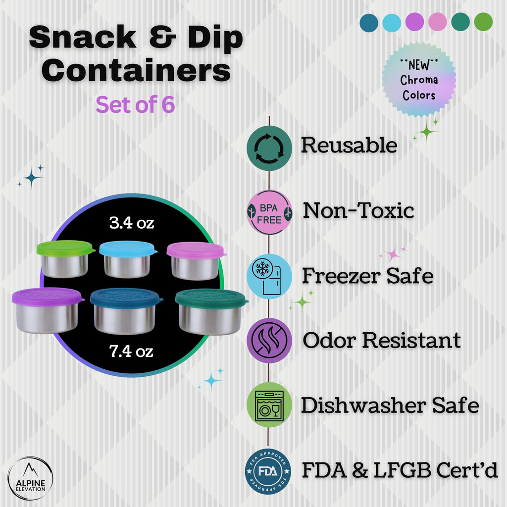 Alpine Elevation 12-Piece Stainless Steel Snack Dip Condiment Containers Set | 3 x 7.4 oz and 3 x 3.4 oz with Silicone Lids | Reusable Leakproof Food Storage Containers for Lunch Meal Prep and Travel