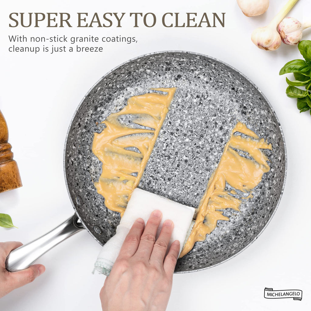 MICHELANGELO Granite Frying Pan with Lid, Nonstick 12 Inch Frying Pan with Non toxic Granite Coating, Induction Compatible