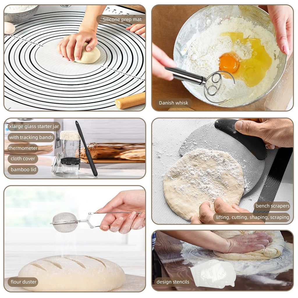 Sourdough Starter Kit with Dutch Oven, 24cm White Baking Pot, 4 Proofing Baskets, Starter Jar, Digital Scale, Bread Lame, Bread Bags & Silicone Mat for Beginners (White)