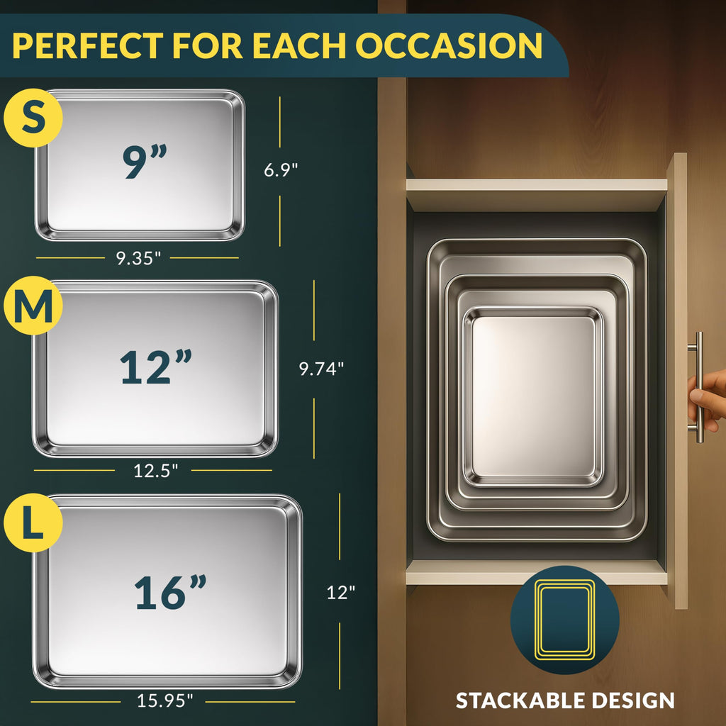 Stainless Steel Cookie Sheet Set of 3, 9/12/16" Baking Sheet Pans