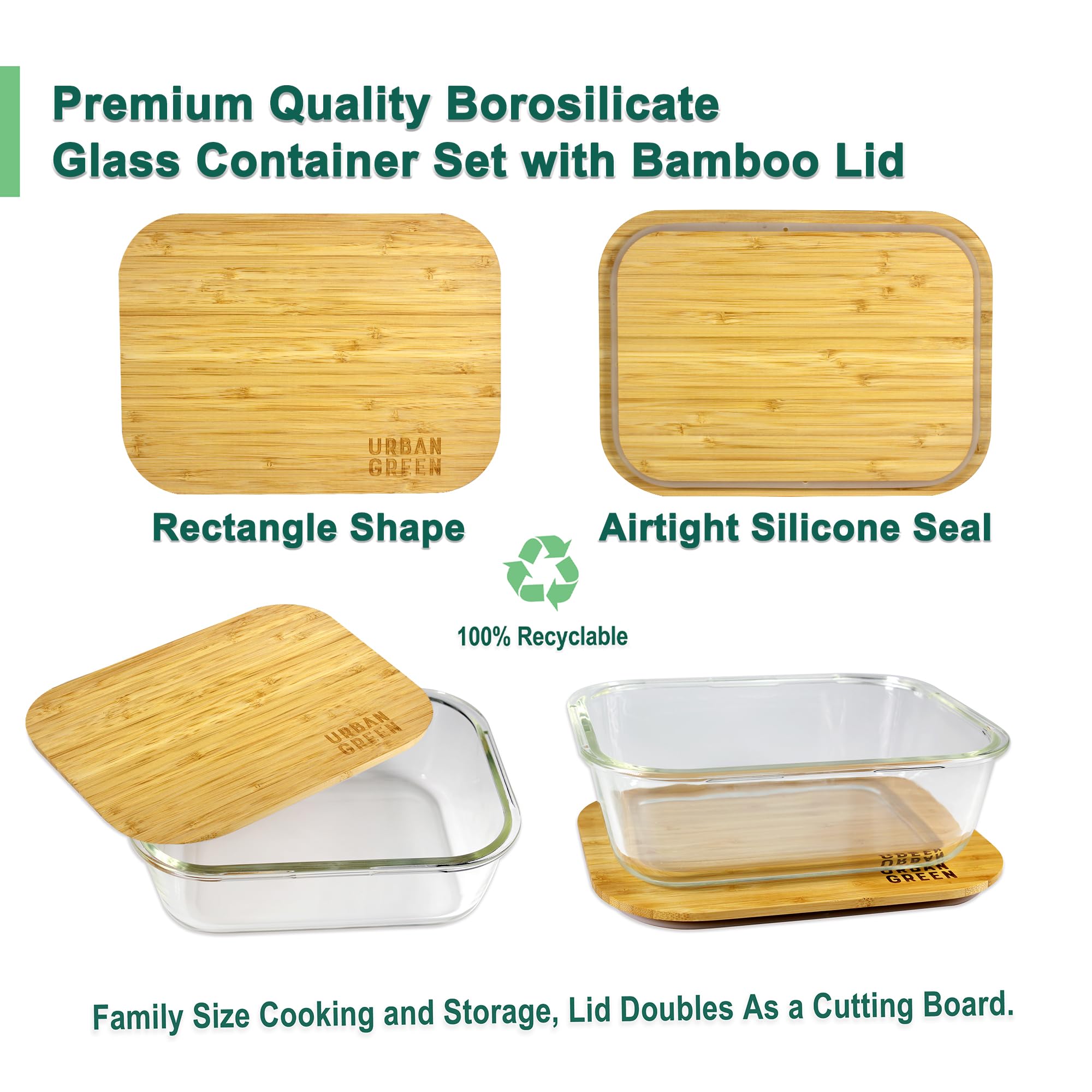 Urban Green Glass Container with Bamboo Lid, 2 Pack of 50oz, Large Glass food storage Container with Lids, Meal Prep Containers Set of 2