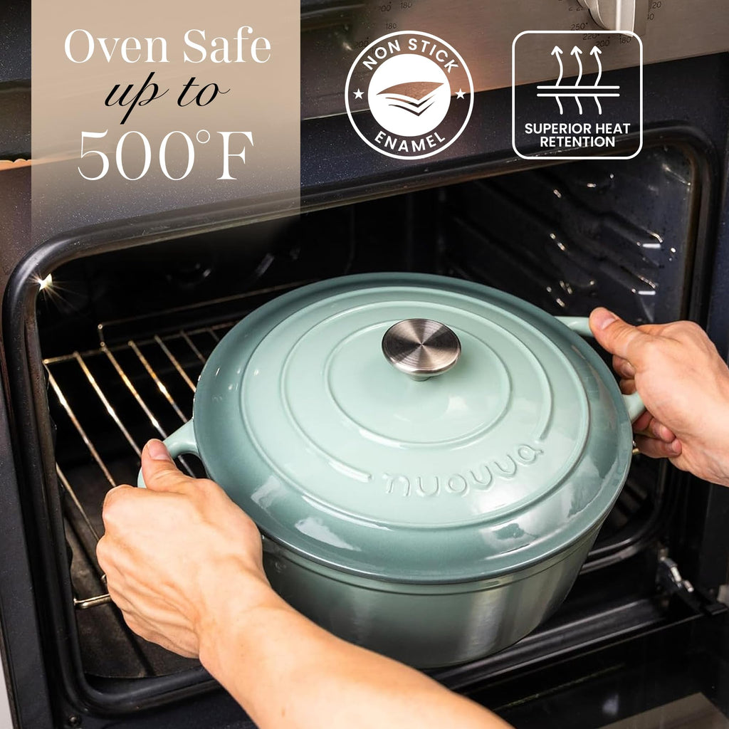 Nuovva Enamelled Cast Iron Dutch Oven Pot with Lid 6.4 Quart Non Stick Casserole Pot-Heavy Duty & Oven Safe up to 500° F for Bread Baking, Braising, Stews, Roasting - 28cm Sea Salt