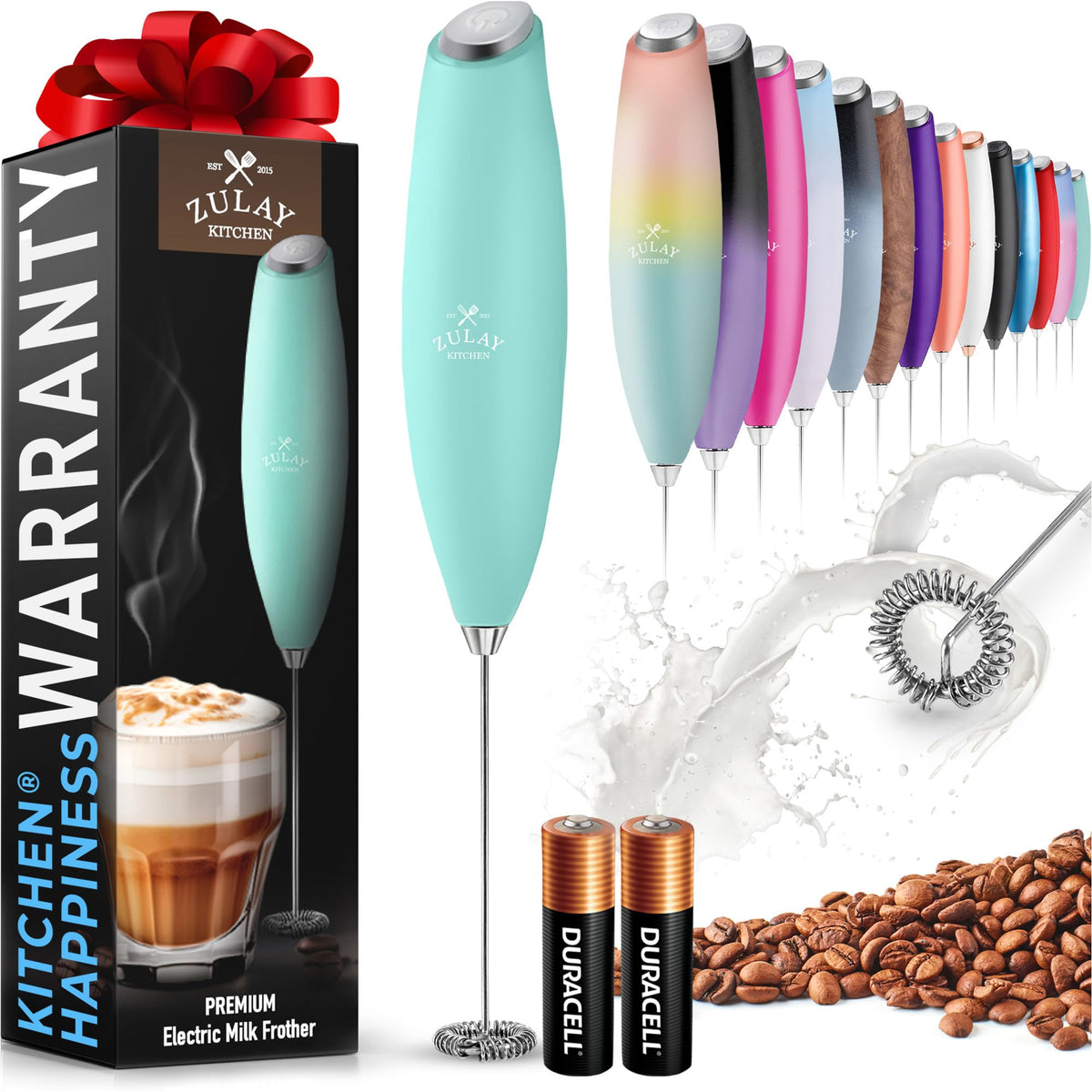 Zulay Powerful Milk Frother for Coffee with Upgraded Titanium Motor - Handheld Electric Whisk, Milk Foamer, Mini Mixer & Coffee Blender for Frappe, Latte, Matcha, No Stand - Pristine Teal