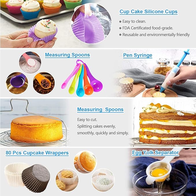 Gawren-H&E Cake Decorating Supplies Kit, 678 PCS Cake Decorating Kit & Cake Baking Suppplies set with Cake Carrier,3 Springform Pans Set,Piping Bags and Tips Set,Chocolate Molds,Cake Stand for Baking