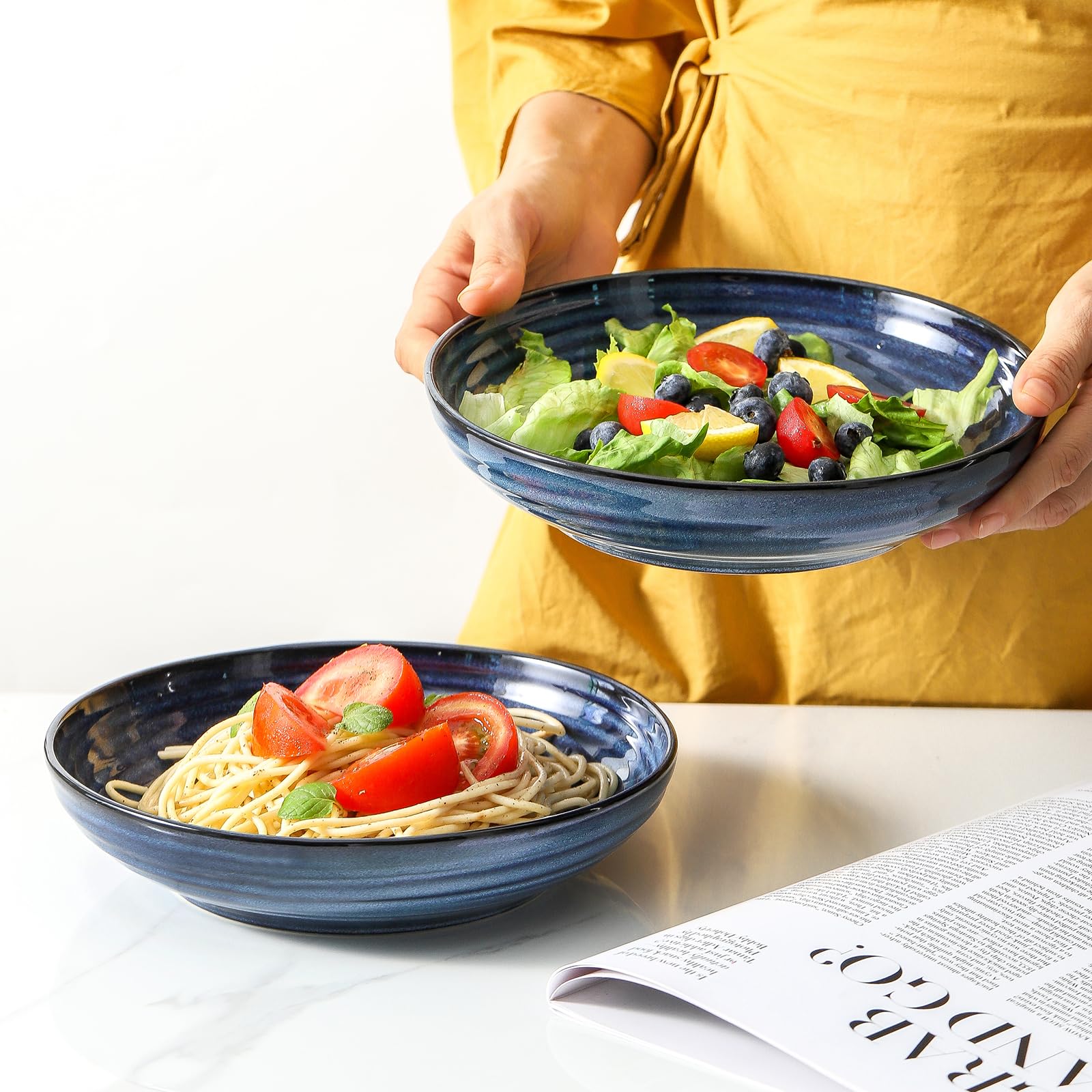 HASENSE Pasta Bowls Set of 2, 8.7 Inch Reactive Glazed Ceramic Salad Serving Bowls for Kitchen, 32 Ounce Shallow Bowls for Pasta Soup Salad Dinner, Microwave Dishwasher Safe, Navy Blue