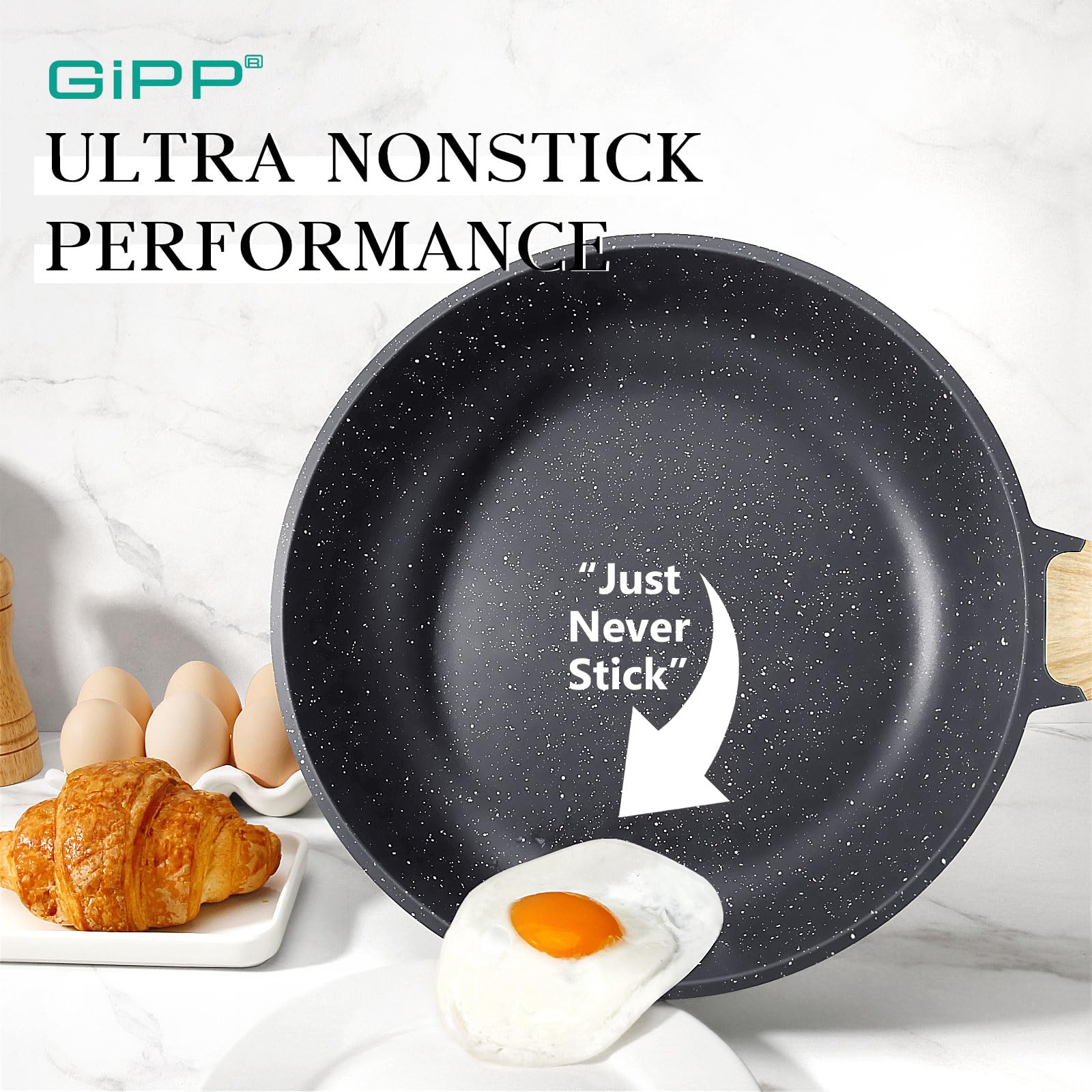 GiPP Nonstick Frying Pan Skillet with Lid - 11" Grey Granite Non Stick Pans, Omelette Pan with Heat-Resistant Handle, Compatible with All Stovetops, PFOA Free