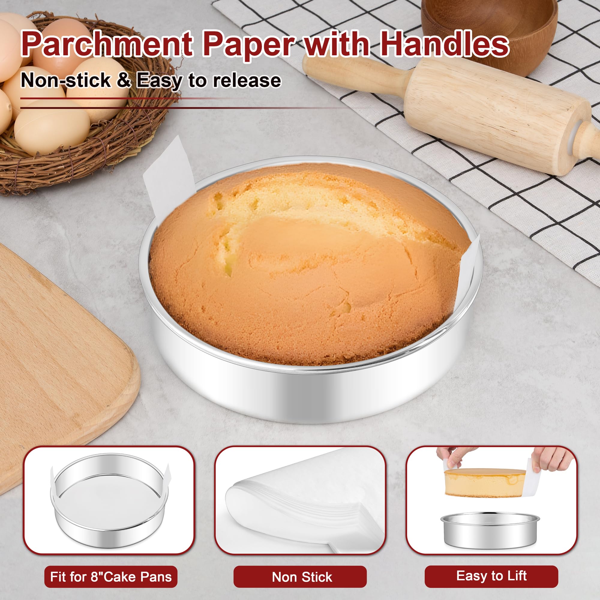 LIANYU 8 Inch Round Cake Pan Set, Baking Pans with 60 PCS Parchment Paper