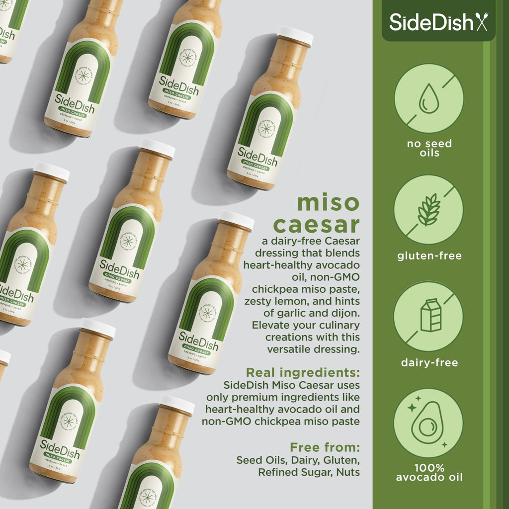 SideDish Miso Caesar Dressing (Pack of 3) – Seed Oil Free Salad Dressing Made w/Avocado Oil – Refined Sugar Free, Dairy & Gluten Free Dip & Marinade – Paleo Honey Mustard Dressing for Dips, Sauces