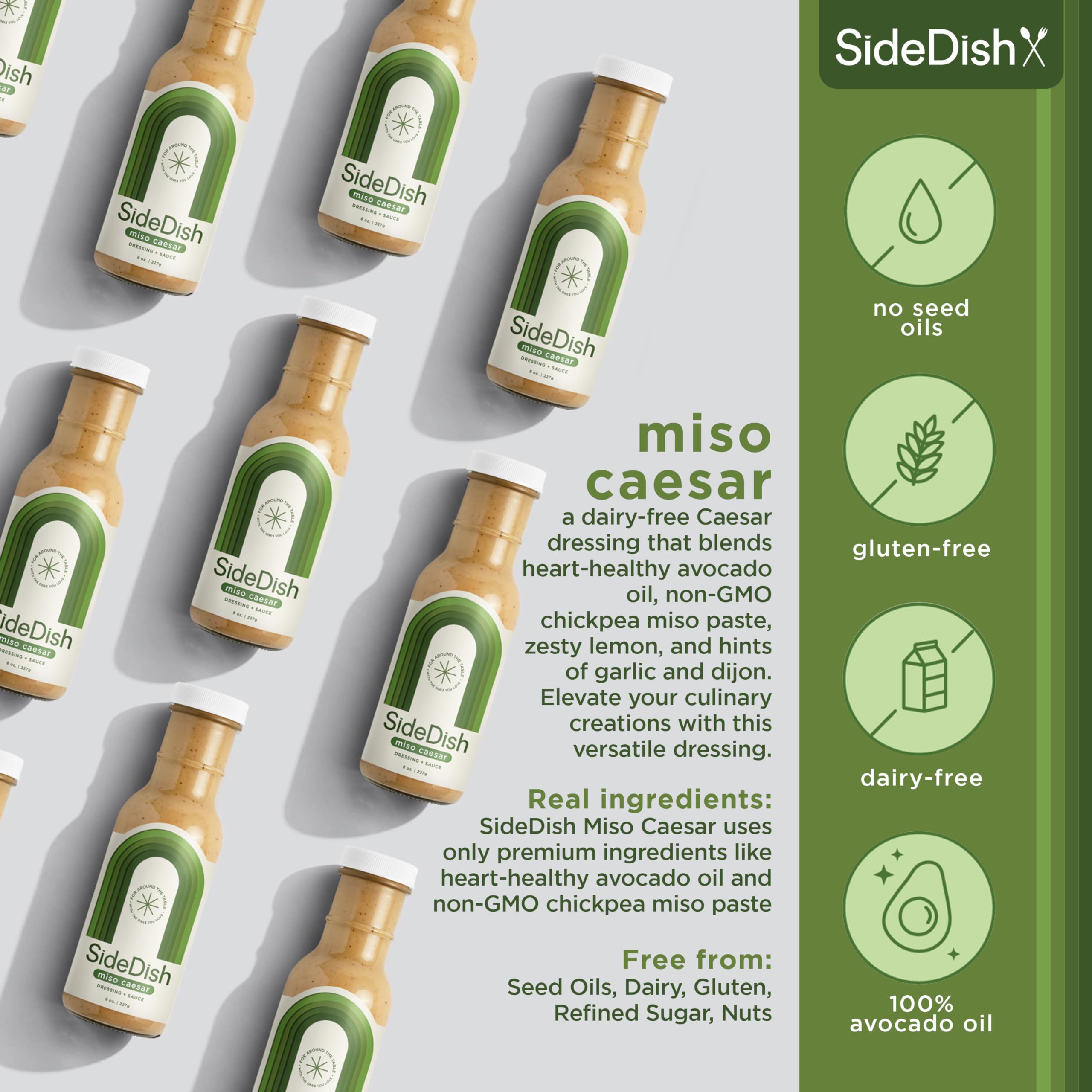 SideDish Miso Caesar Dressing (Pack of 3) – Seed Oil Free Salad Dressing Made w/Avocado Oil – Refined Sugar Free, Dairy & Gluten Free Dip & Marinade – Paleo Honey Mustard Dressing for Dips, Sauces