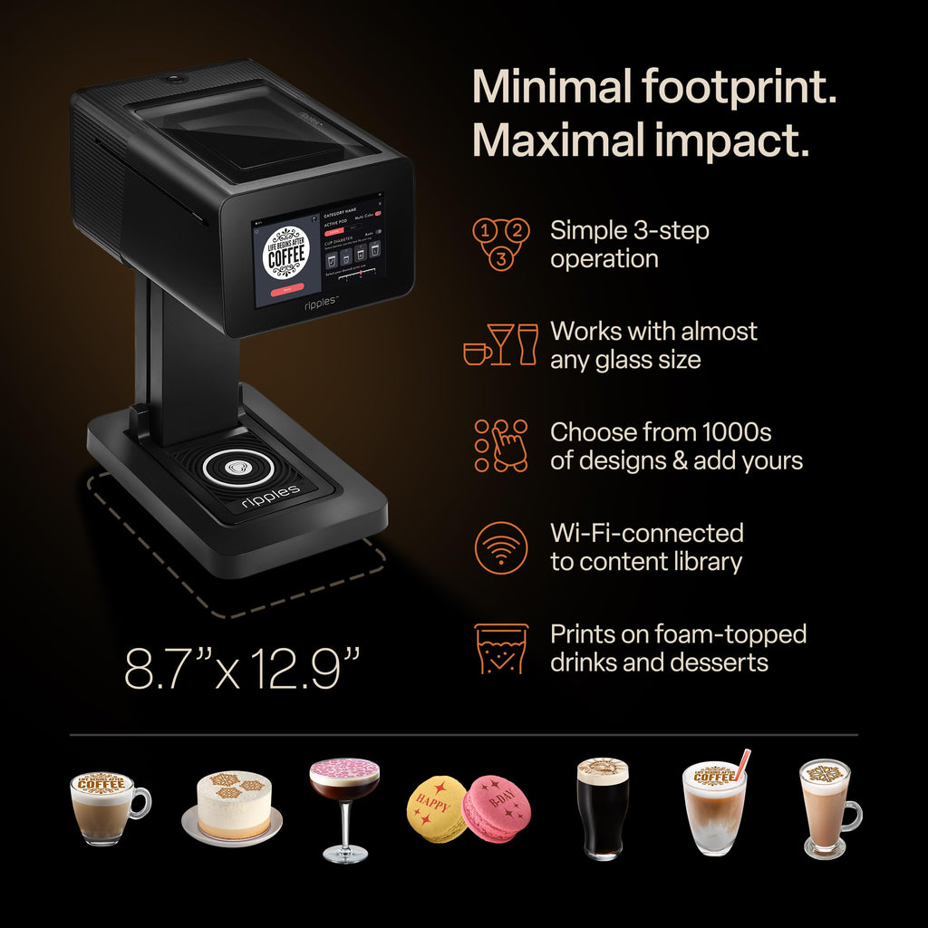 Ripples The Original Maker II, Print on Beverage Foam and Desserts, Plant-Based Ingredients Only, Selfie and Personalized Designs (Machine + Coffee Pod)