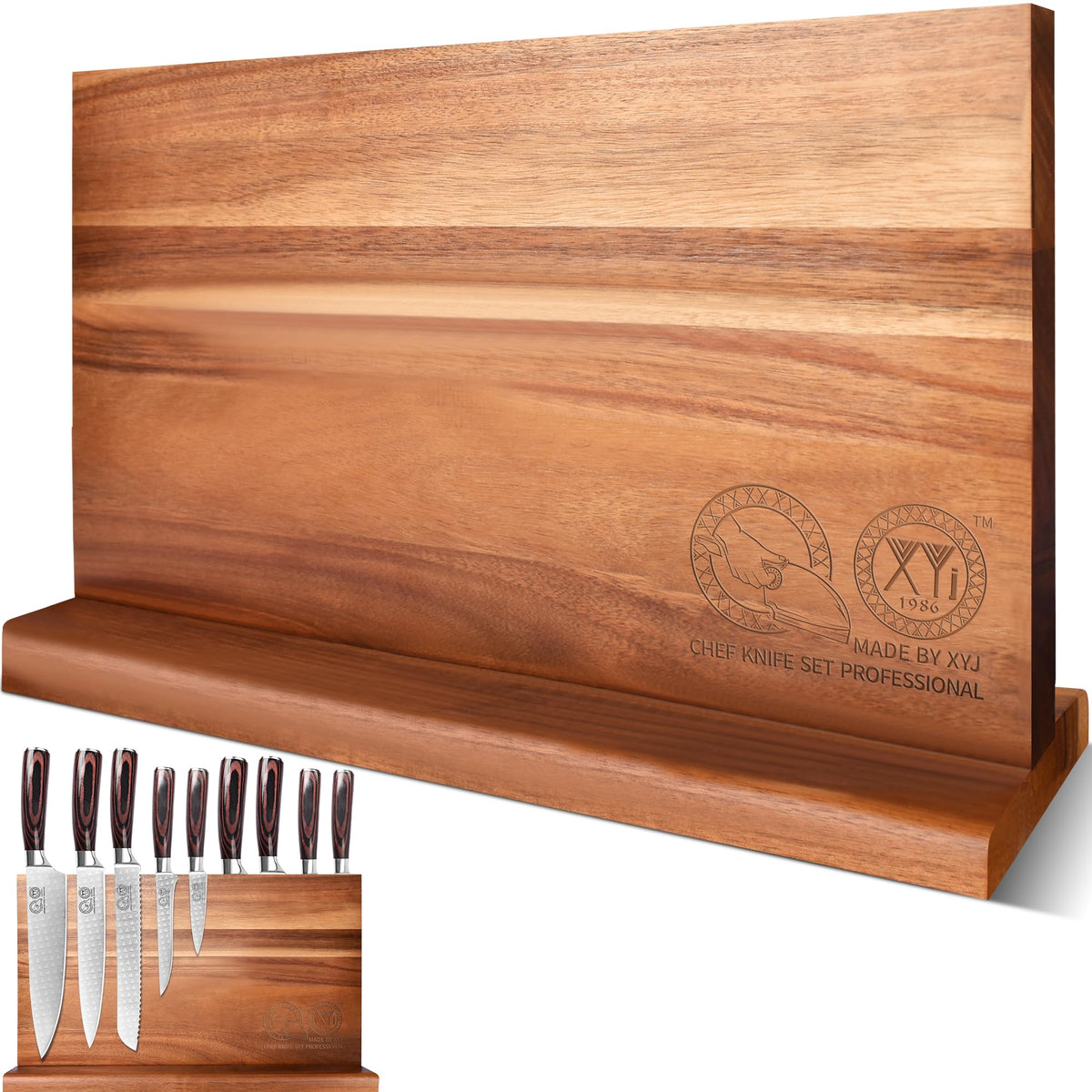XYJ Magnetic Knife Block, Acacia Wood Knife Holder with Strong Magnets
