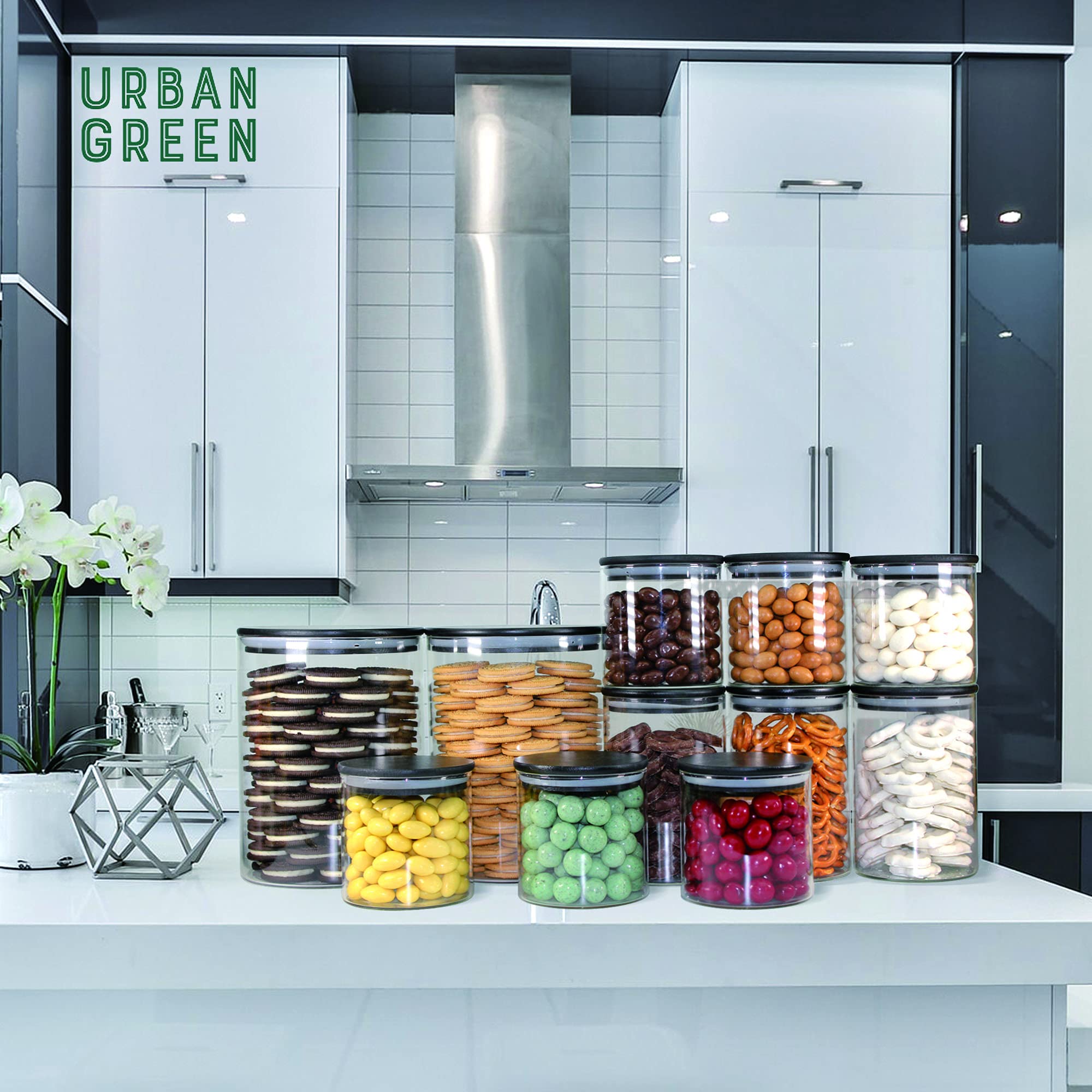 Urban Green Glass Jars with Airtight Black Lids, Food Storage Container with Airtight Lids, Glass Canisters Sets, Kitchen Food Storage Containers (6 Sets of 20oz)