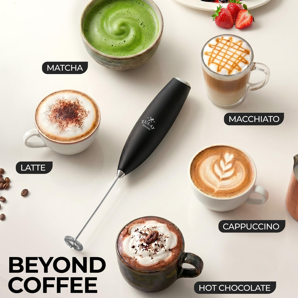 Zulay Kitchen Milk Frother Handheld Electric Whisk – Frother Wand with 2 Duracell Batteries, Durable Drink Mixer, Coffee Frother, Hand Blender, Frother for Protein Powder, Matcha & More - Black