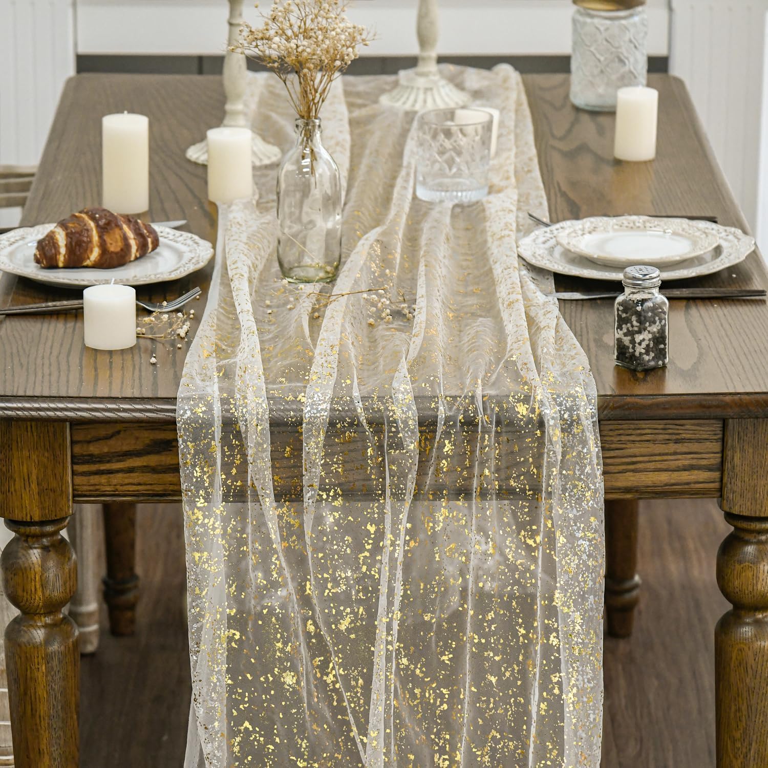 Artoid Mode 6Pcs Beige Gold Gauze Table Runner 120 Inch 10FT, Glitter Metallic Foil Sheer Dining Wedding Anniversary Holiday Birthday Table Decor for Home Party