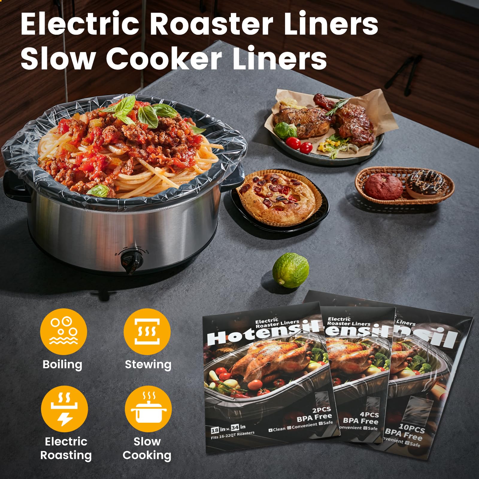 Hotensil Electric Roaster Liners & Slow Cooker Liners, 10 Count 34 x 18 Inch Universal Fit for 16-22 Quart Roasters, Mess-Free Cooking, Disposable Oven Liners for Easy Cleanup, Cooking Bag