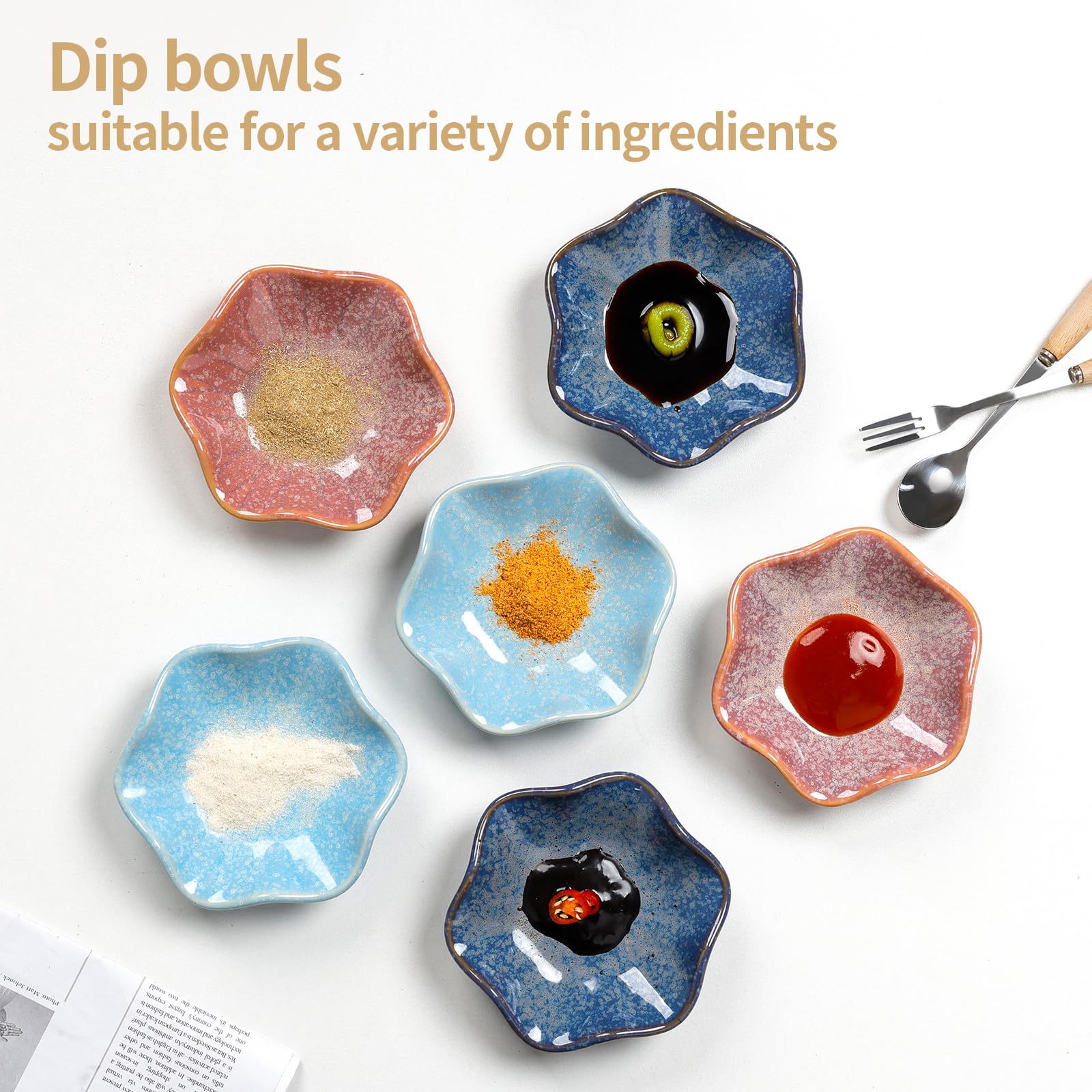 ZEBERBO Dipping Bowls Set of 6, Ceramic Soy Sauce Dishes, 2 oz Dipping Sauce Cups, chrysanthemum Round Small Side Dish Dishes for Dipping Sushi Tomato Soy Sauce Dish