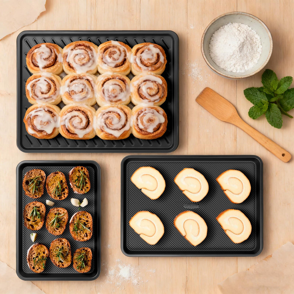 Nonstick Baking Sheet Set with Cooling Rack, 4-Piece Cookie Sheets for Baking, 0.8mm Heavy Duty Carbon Steel Oven Pans, Ceramic Coated Half Sheet, Jelly Roll Pan & Quarter Sheet, PFOA/PTFE Free