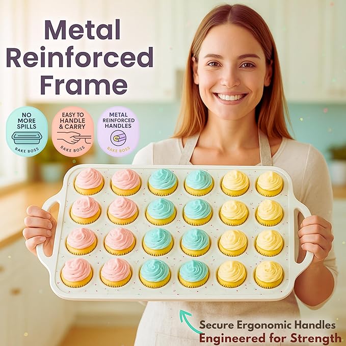2-Pack Mini Muffin Pan 24 cups - Silicone Muffin Pans with Metal-Reinforced Handles – Nonstick, BPA-Free, Food-Grade Bakeware for Mini Cupcakes & Snacks – Dishwasher Safe, Cream