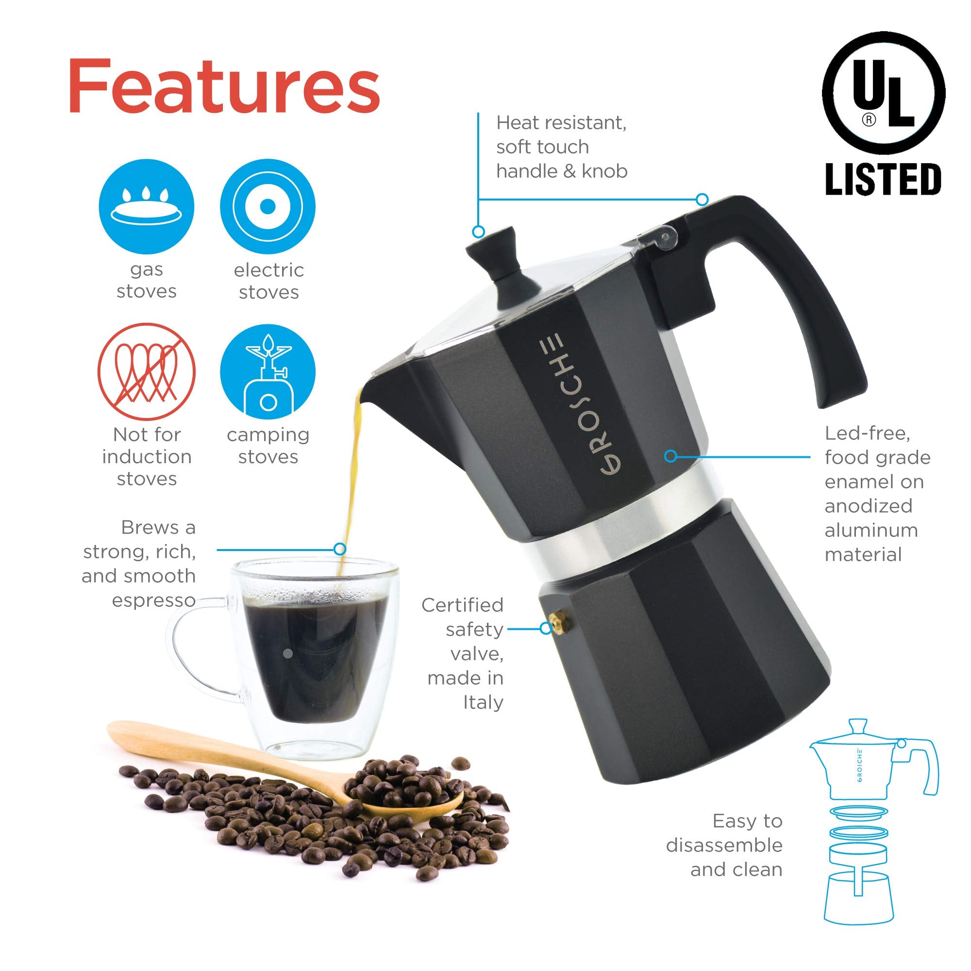 GROSCHE Milano Stovetop Espresso Maker Moka Pot 3 espresso Cup - 5 oz, Black - Cuban Coffee Maker Stove top coffee maker Moka Italian espresso greca coffee maker brewer percolator