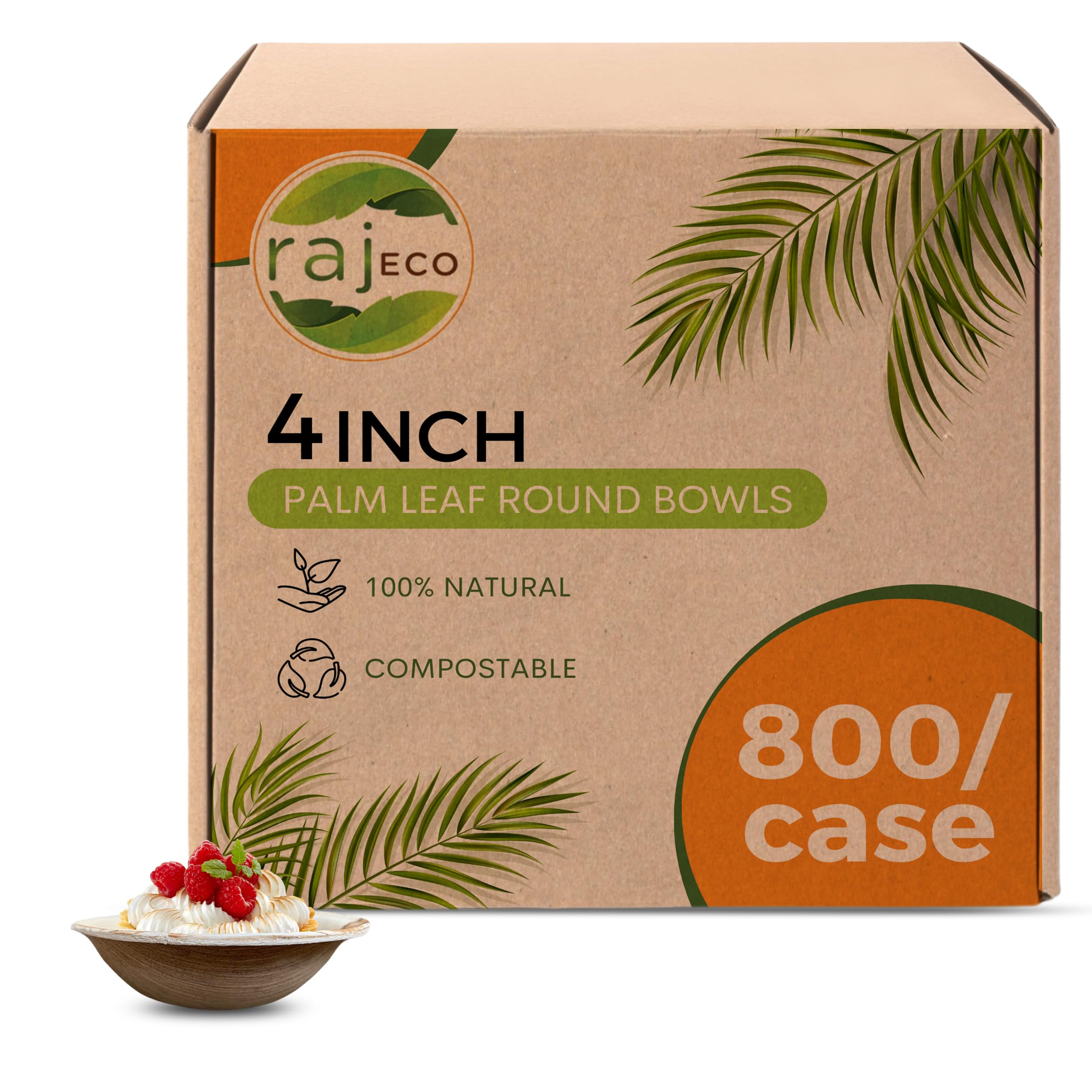 Raj Palm Leaf 4" Round Bowls, 800 Count (8 cases) Bulk Pack