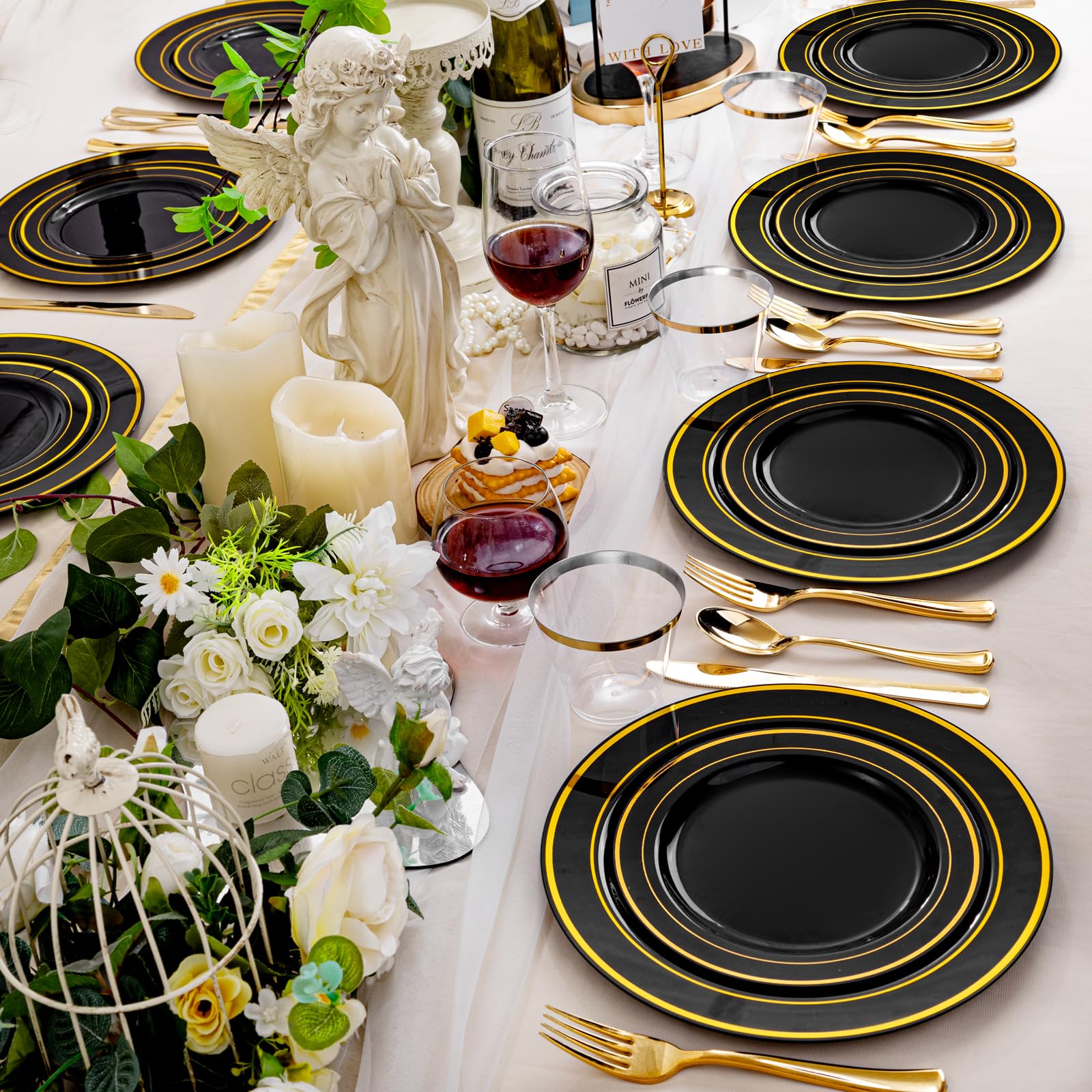 bUCLA 600PCS Black and Gold Disposable Dinnerware Set - Black Plastic Plates Disposable for Party Include 100 Dinner&100 Dessert Plates,100 Knives,100 Forks,100 Spoons,100 Cups for Party & Graduation