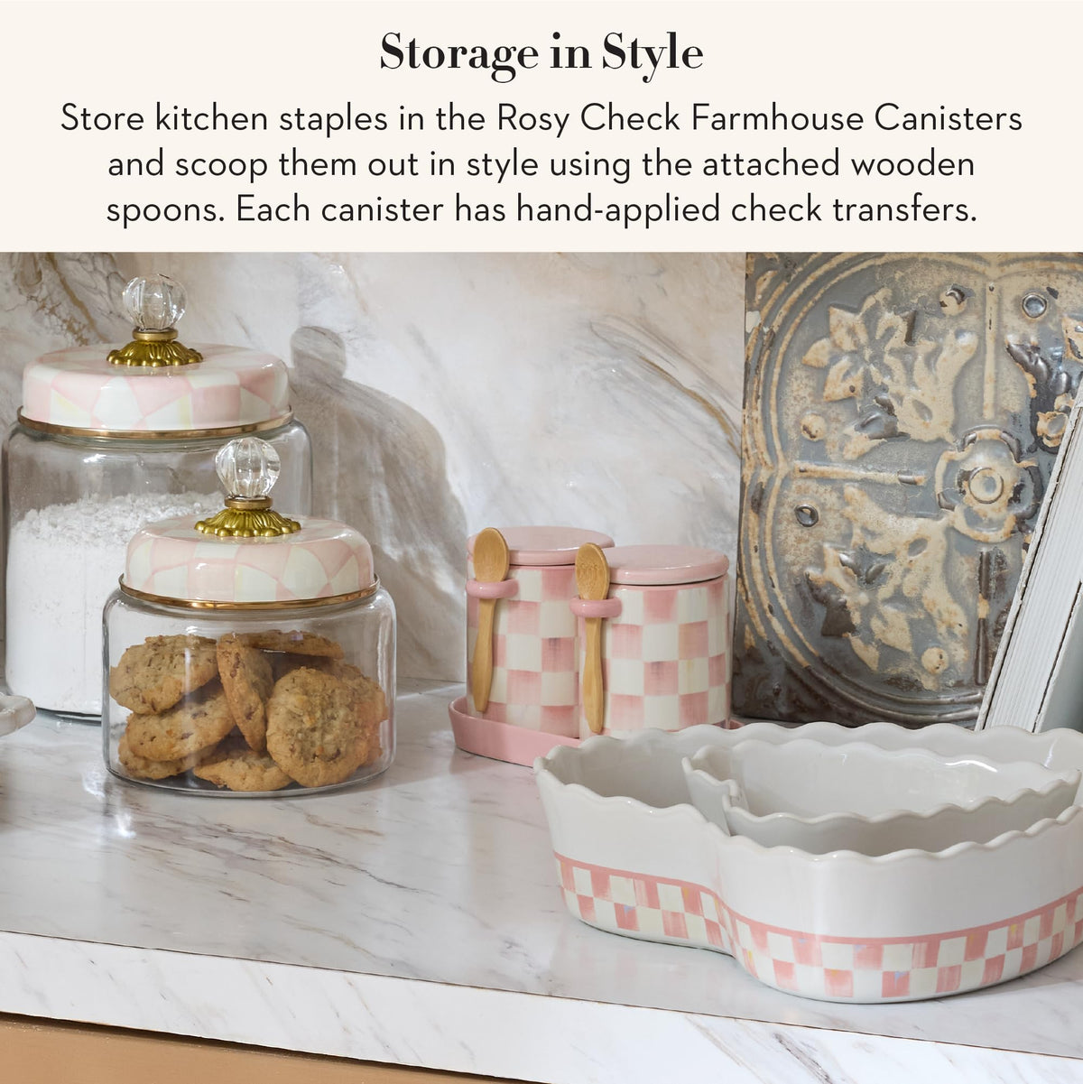 MACKENZIE-CHILDS Ceramic Farmhouse Canister, Versatile Kitchen Storage Container for Flour and Sugar, 26-Ounce Capacity, Pink-and-White Rosy Check