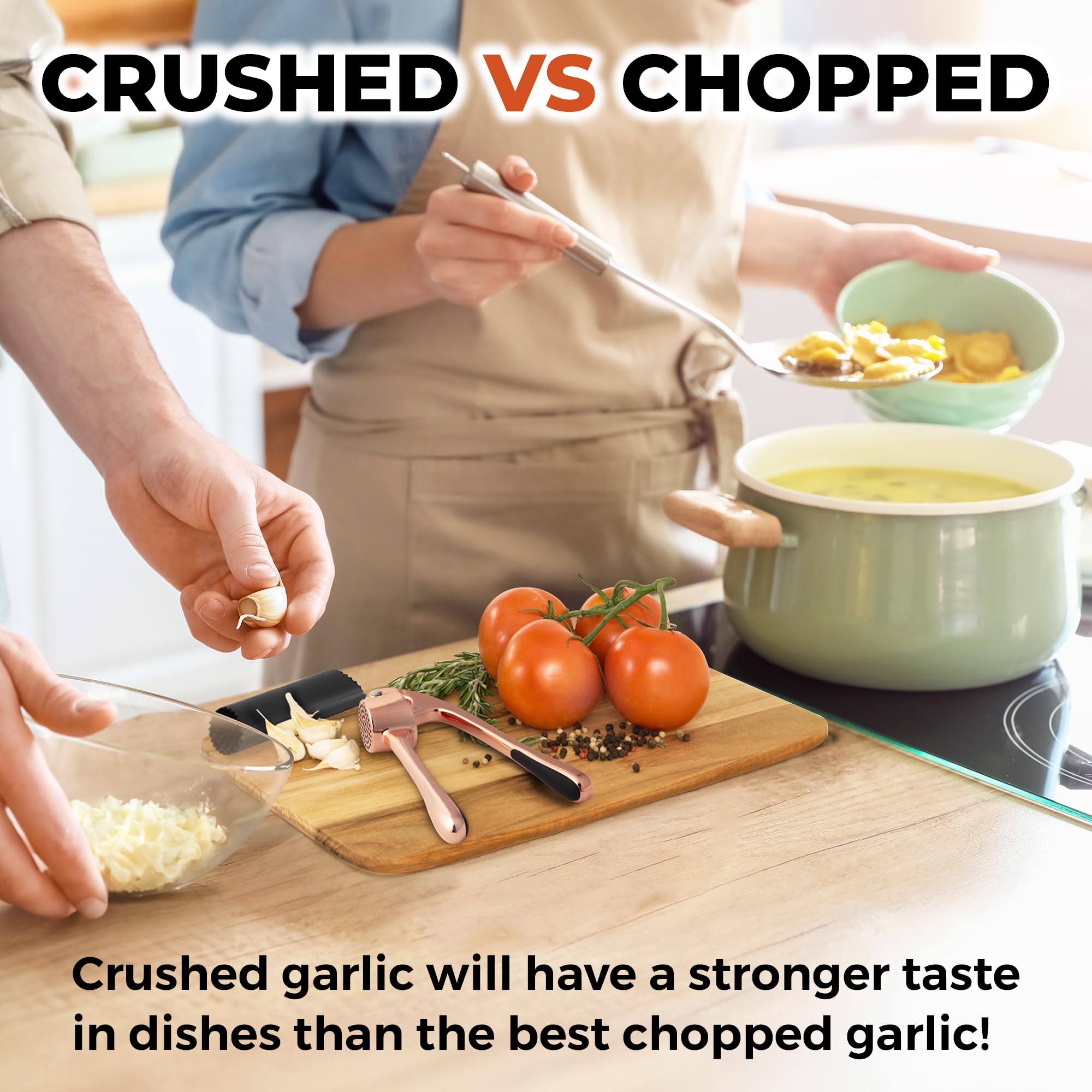 Zulay Kitchen Premium Garlic Press Set - Rust Proof Professional Garlic Mincer Tool - Easy-Squeeze, Easy-Clean with Soft Handle - Silicone Garlic Peeler & Brush (Rose Gold)
