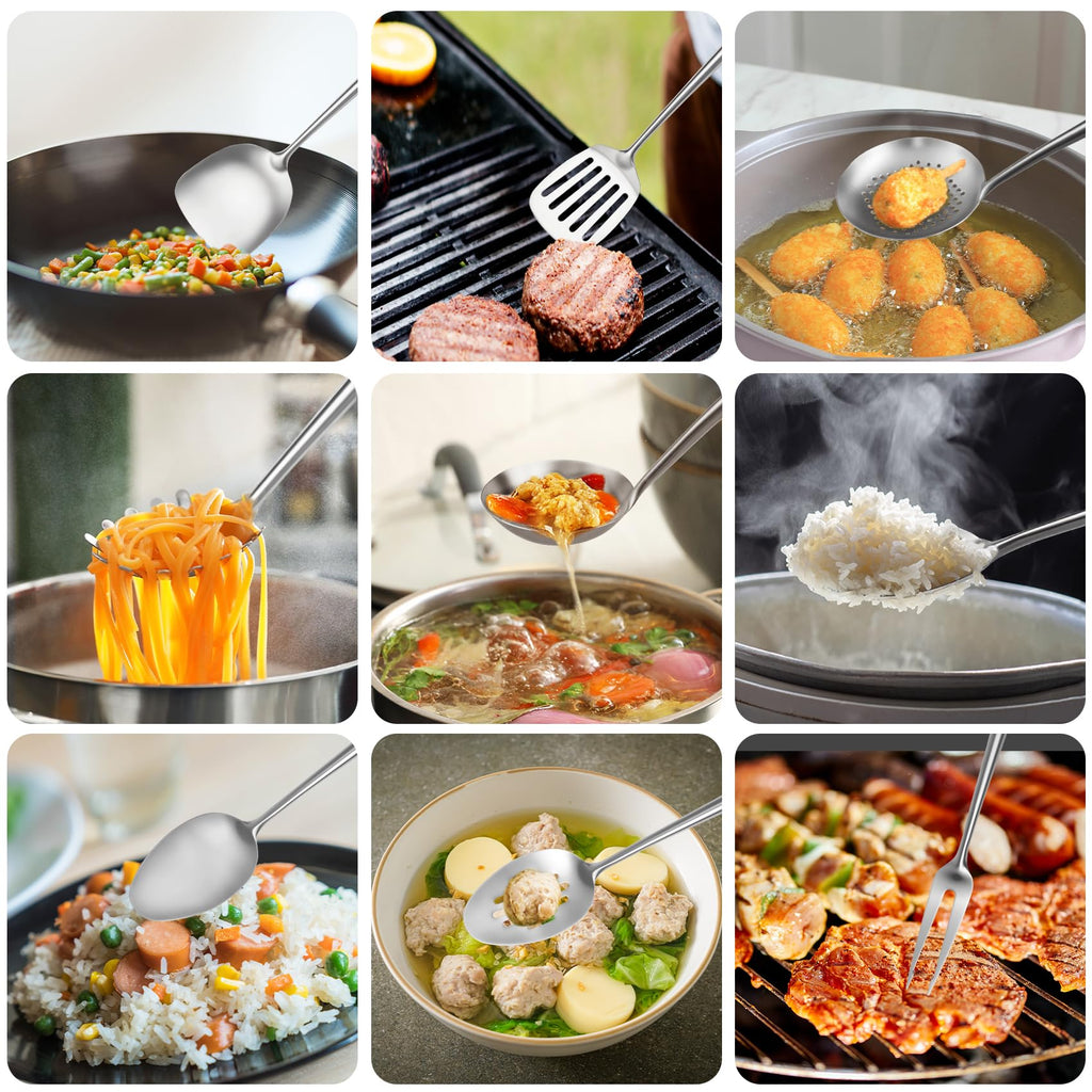 18/10 Stainless Steel Cooking Utensils Set,9 Pcs Professional All Metal Stainless Steel Kitchen Utensils Set with Wok Spatula,Soup Ladle,Skimmer,Slotted Spatula Turner, Large Spoon(Dishwasher Safe)