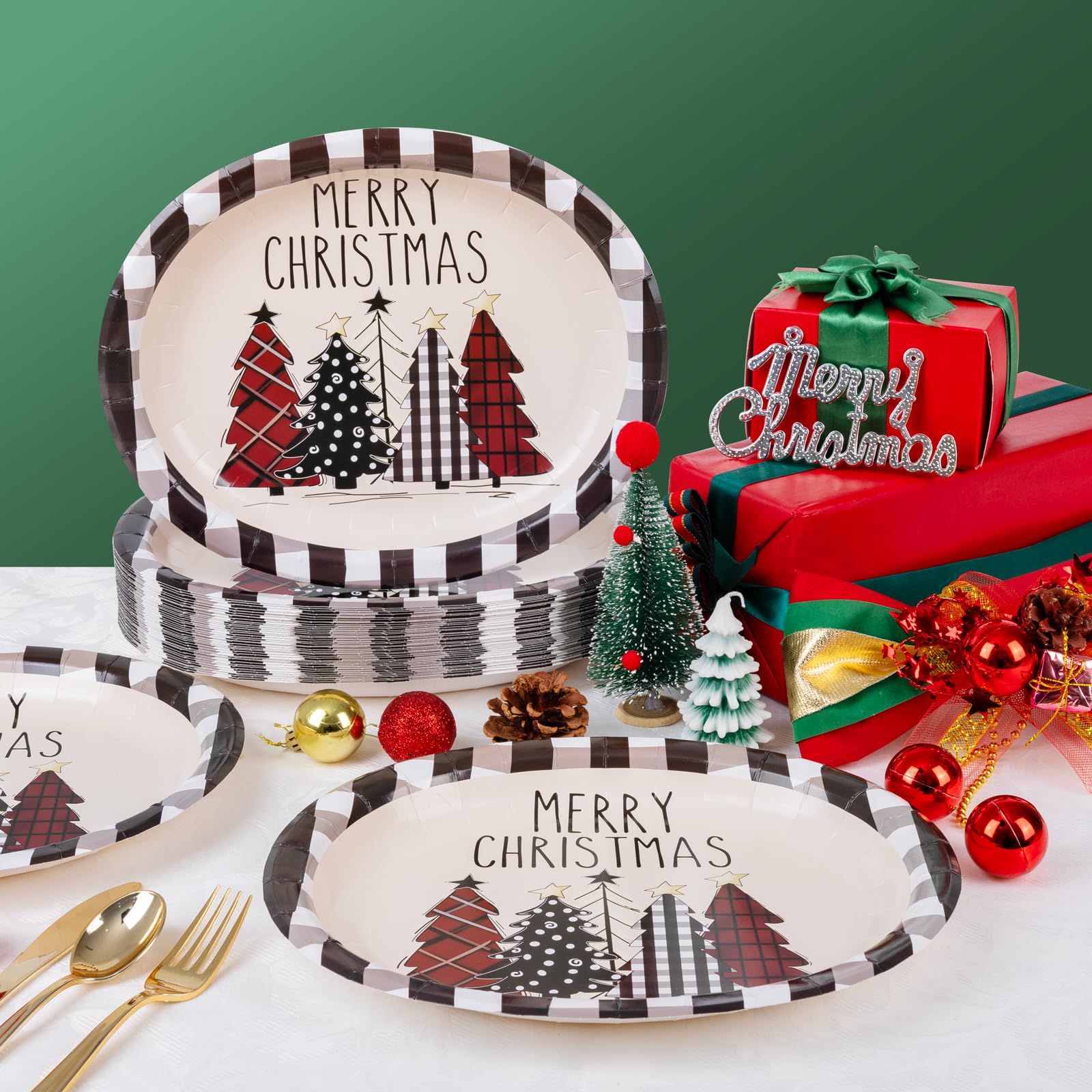 WDF 50Pack Christmas Paper Plates - 10"x12" Christmas Tree Plates Christmas Oval Paper Checkered Plates - Dinner Size Large Disposable Platter Heavy Duty for Happy Christmas Serving