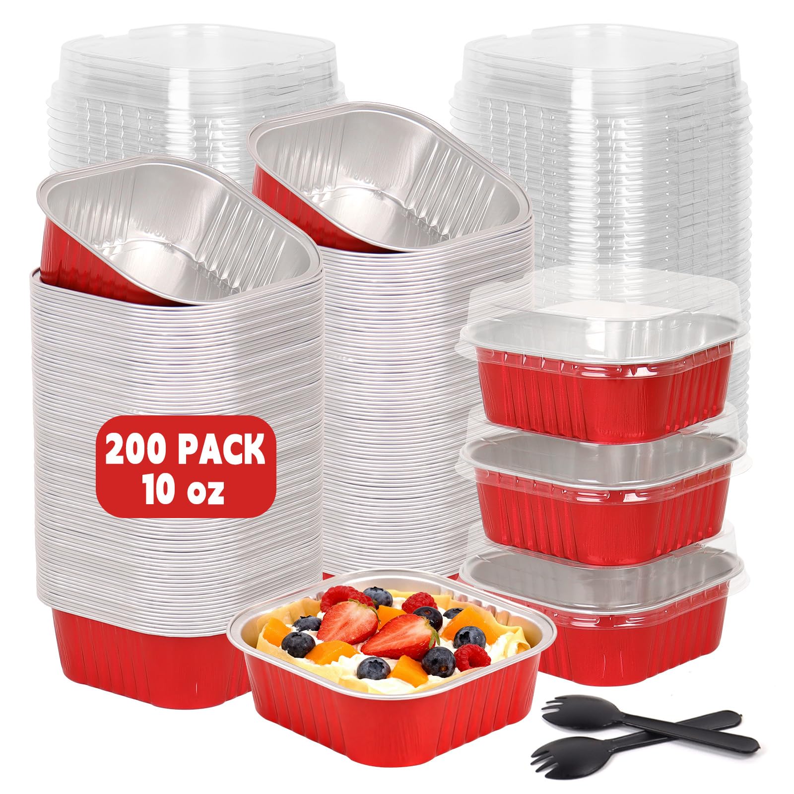 200 Pack 10 oz Square Mini Cake Pans with Lids, Disposable Aluminum Foil Baking Cups for Brownies, Cupcakes, Cheesecake & Catering (Red)