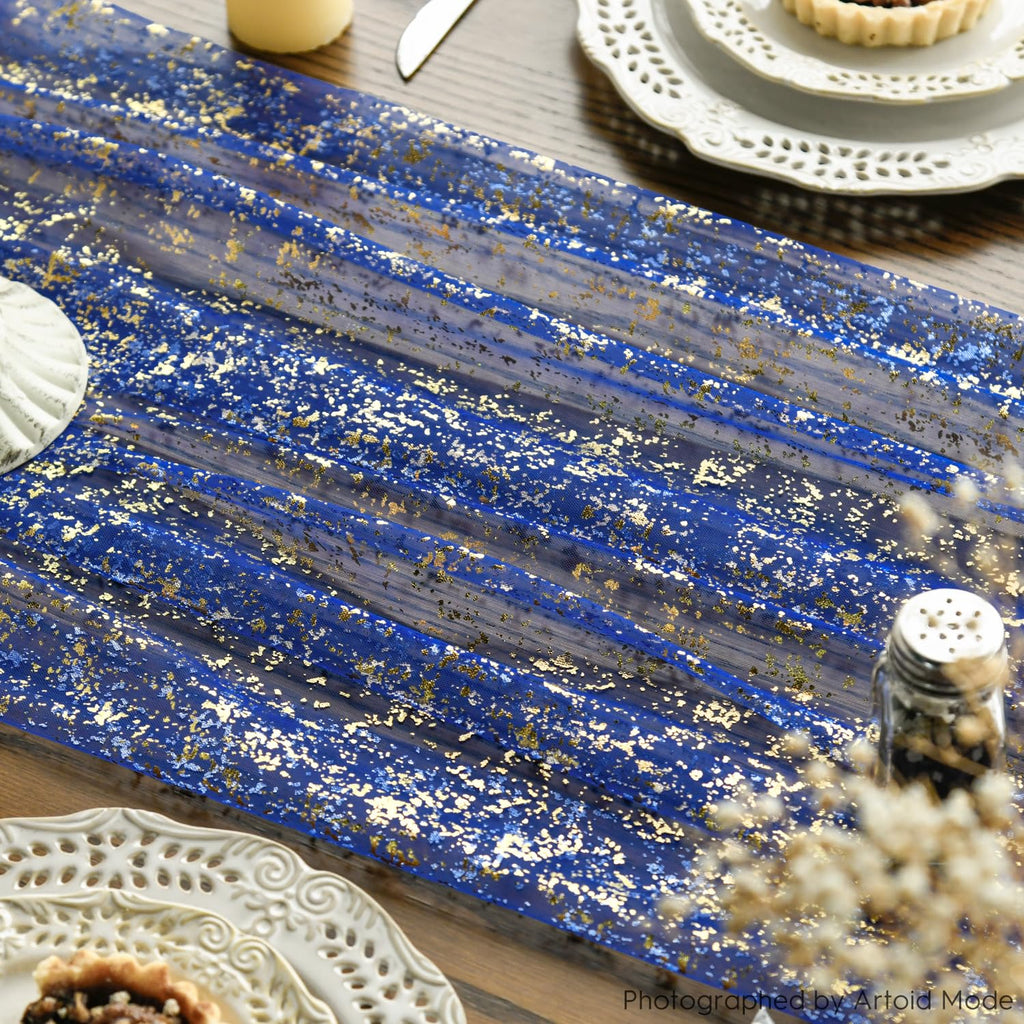 Artoid Mode 3PCS Blue Gold Gauze Table Runner 120 Inch 10FT, Glitter Metallic Foil Sheer Dining Wedding Anniversary Holiday Table Decor for Home Party