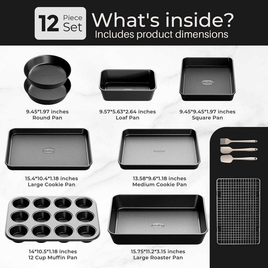 12-Piece Nonstick Bakeware Set, Stackable Non Toxic Baking Pans Set - Black