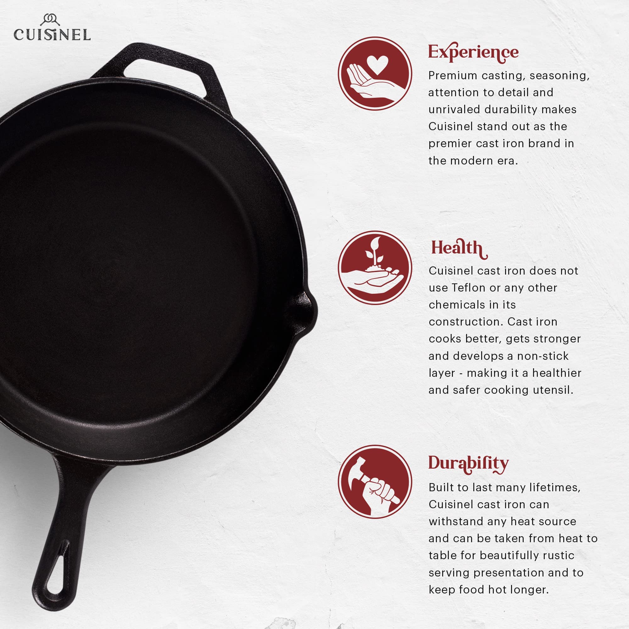 Cuisinel 12‑Inch Cast Iron Skillet – Pre‑Seasoned Frying Pan with Assist Handle & Silicone Handle Holder – Oven, Stovetop, Grill & Campfire Safe Cookware – PFAS & PFOA‑Free