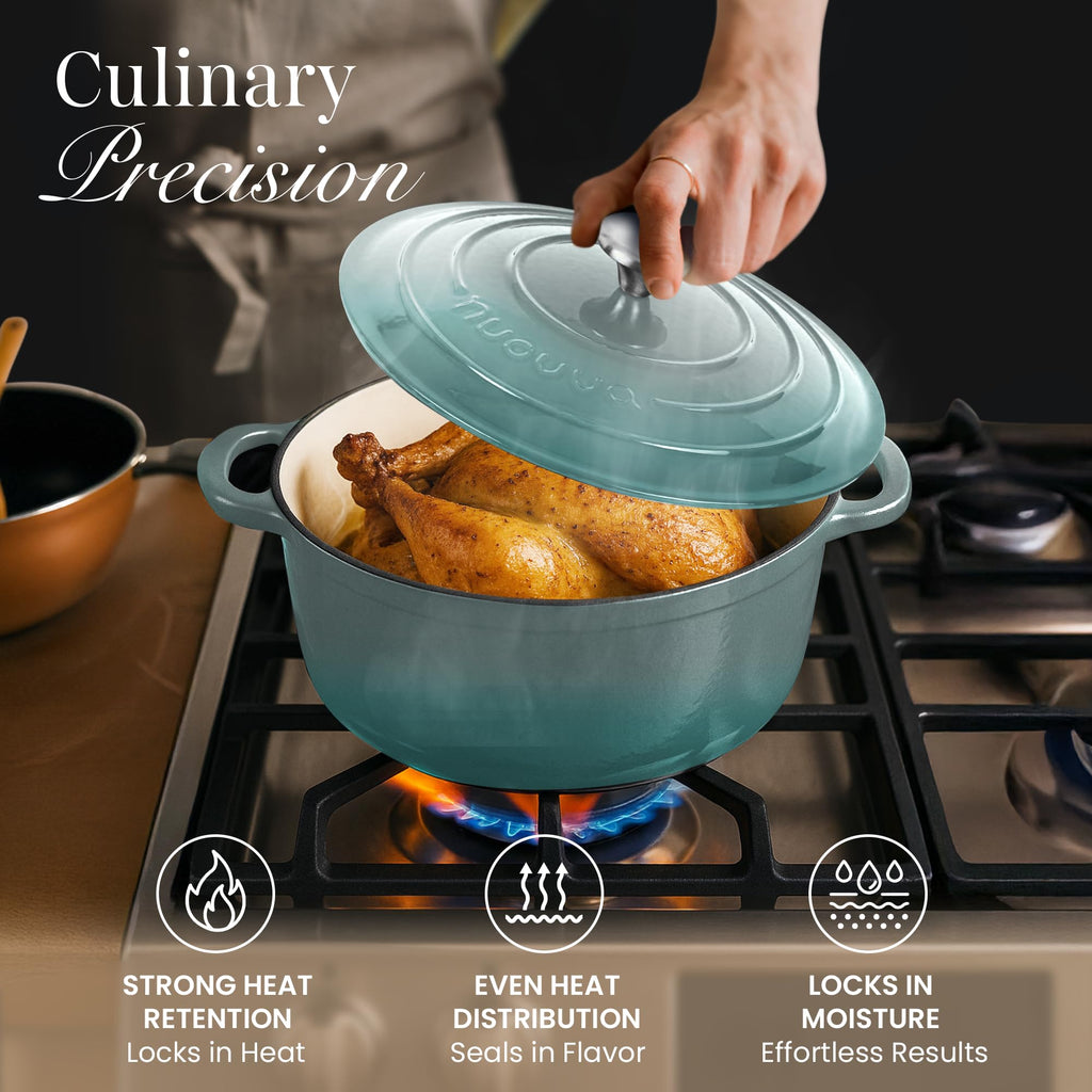 Nuovva Enamelled Cast Iron Dutch Oven Pot with Lid 6.4 Quart Non Stick Casserole Pot-Heavy Duty & Oven Safe up to 500° F for Bread Baking, Braising, Stews, Roasting - 28cm Sea Salt