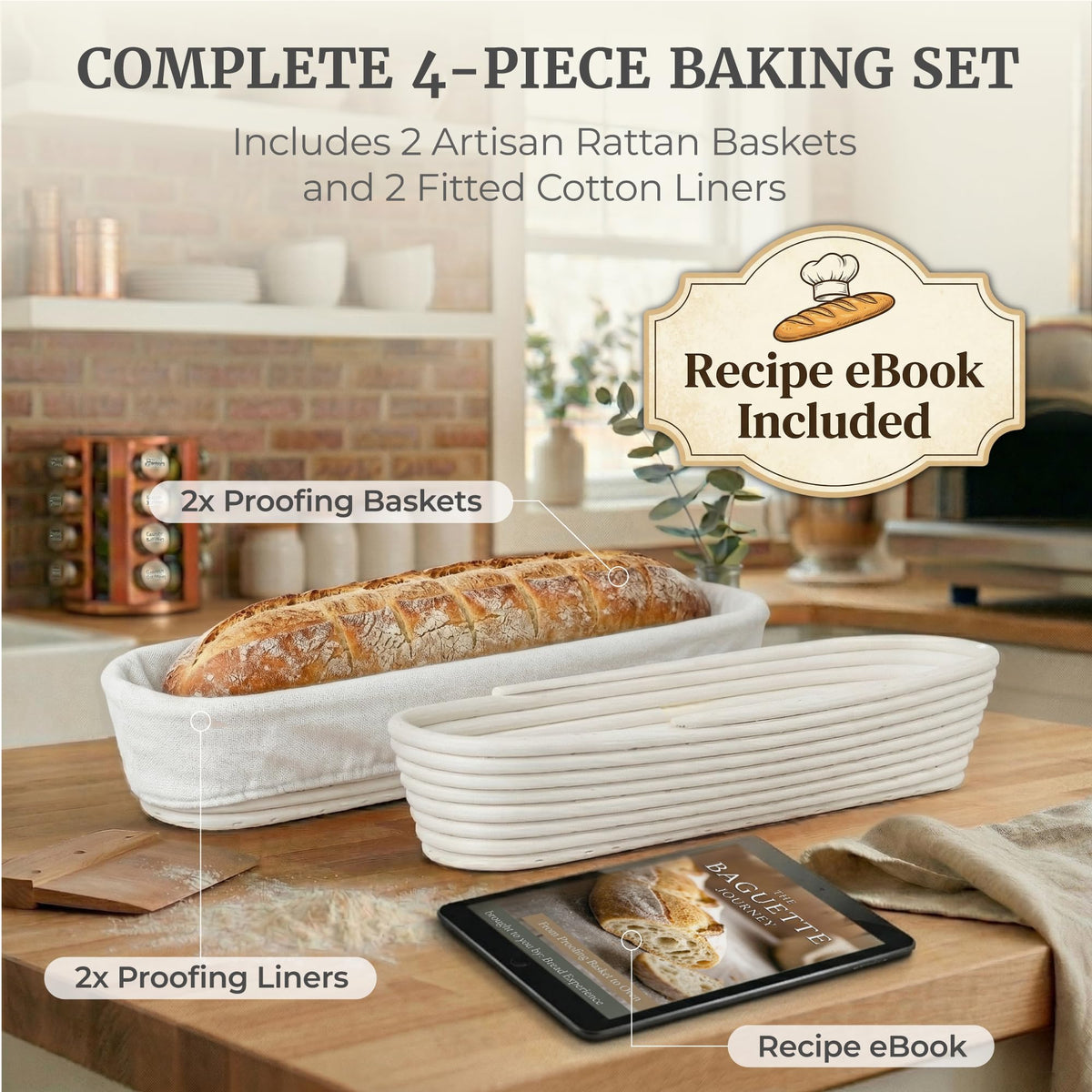 15 Inch Baguette Proofing Basket Set of 2 for Sourdough & French Bread