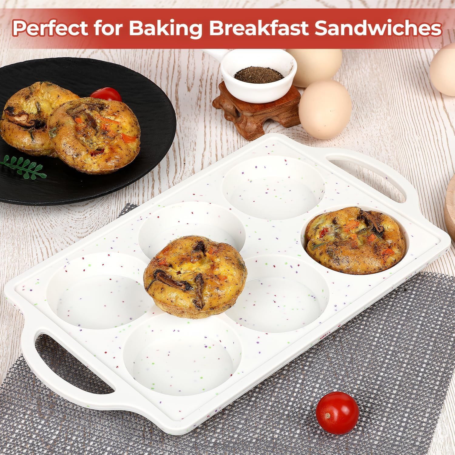 CAKETIME Muffin Top Pan Non Stick, Silicone Egg Molds for Breakfast Sandwiches 3 Inch Round Egg Baking Pan for Oven English Muffins, Whoopie Pies, Corn Bread, Tarts 2 Pack Confetti