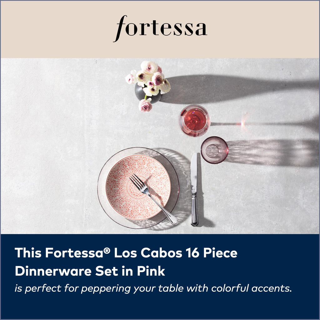 FORTESSA Los Cabos Tableware, 16-Piece Glass Dinnerware Set with 4 Dinner Plates, 4 Salad Plates, 4 Coupe Bowls and 4 Cereal Bowls, Dishwasher-Safe Glass Plate Set, Pink