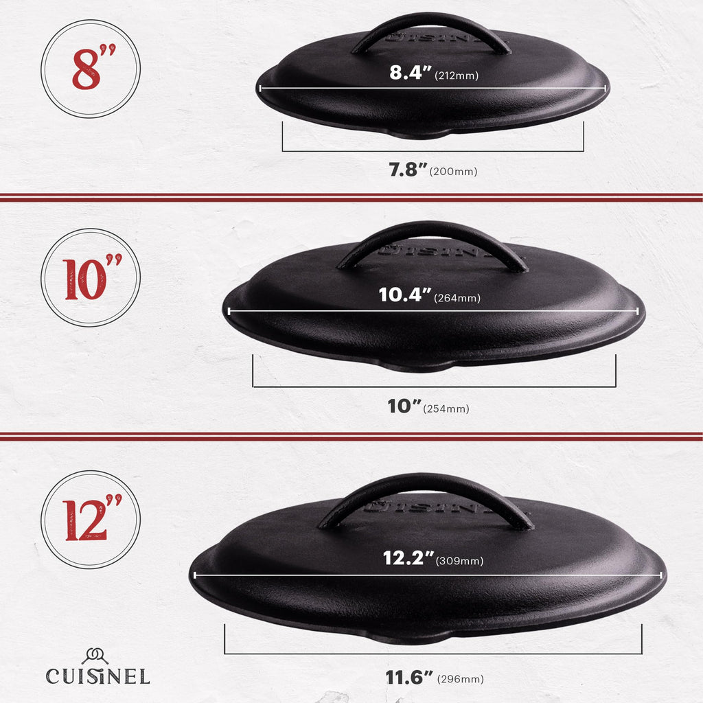 Cuisinel Cast Iron Skillets Set with Lids - 8"+10"+12"-inch Pre-Seasoned Covered Frying Pan Set + Silicone Handle and Lid Holders + Scraper/Cleaner - Indoor/Outdoor, Oven, Stovetop, Fire Safe Cookware
